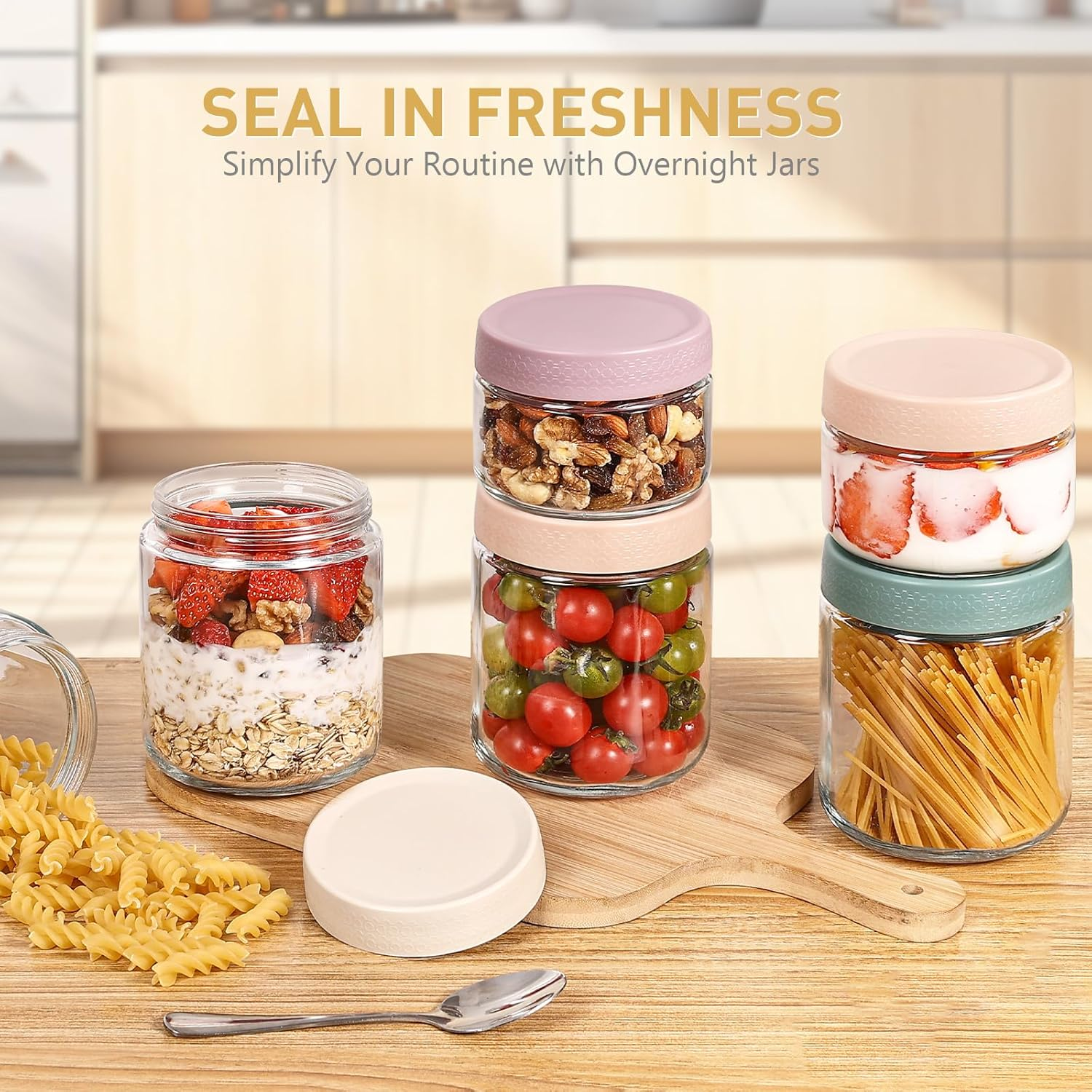 Feshory 6 Pack Overnight Oats Container Jar with Lid - Glass Food Storage Containers - Meal Prep Container for Salad, Spice, Snacks, Dressing Sauce (6X550Ml) image number 5