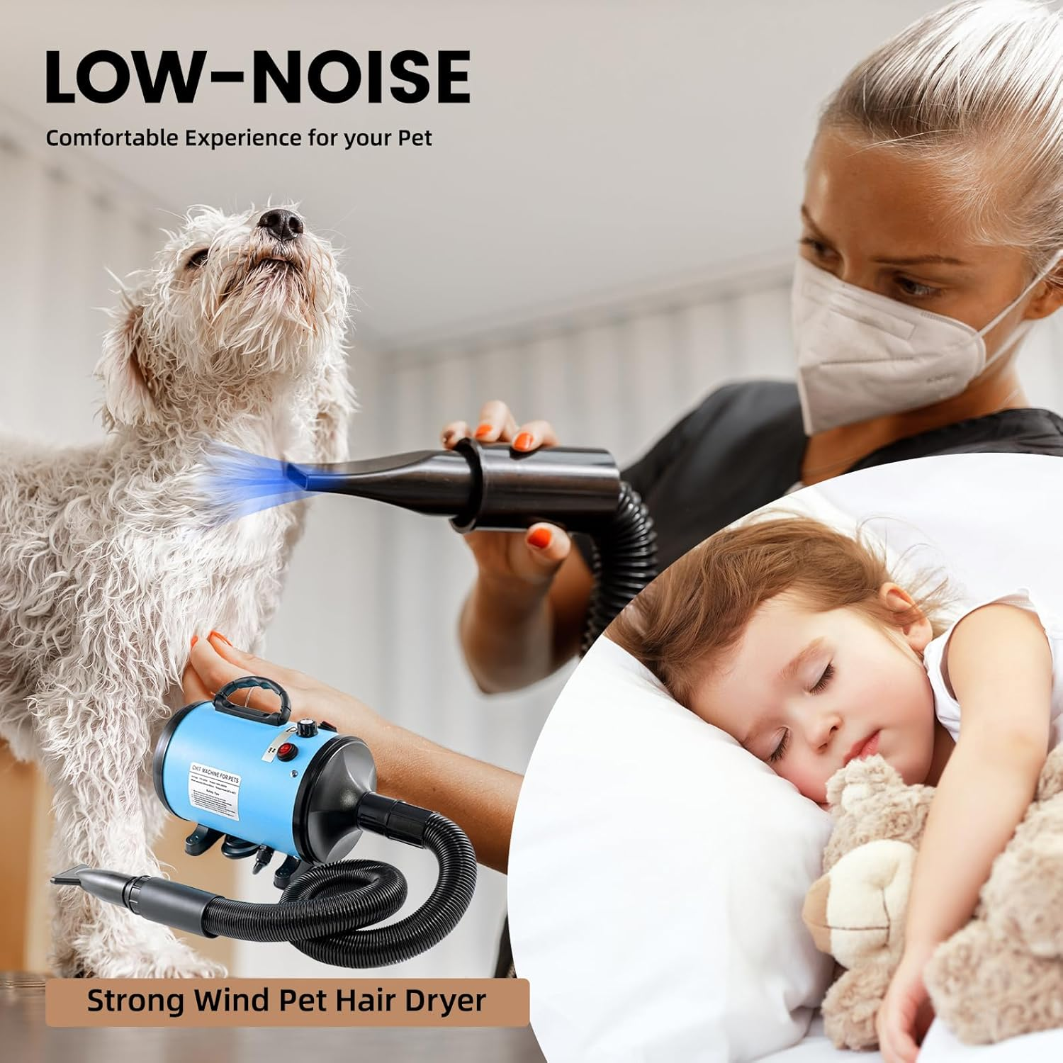 Dog Hair Dryer 2800W Dog Blaster Dryer Pet Dryer Blower Stepless Speed Professional Pet Grooming Hair Dryer with 4 Different Nozzles for Dog Cat (Blue) image number 1