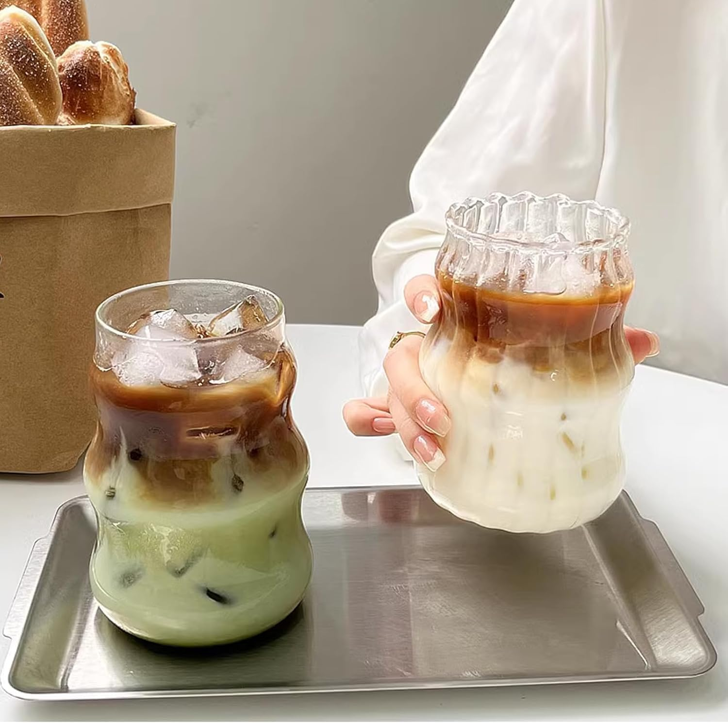 Vintage Ribbed Glassware Water Tumbler, 18 Oz Aesthetic Ripple Glass Tumbler, Ripple Glassware Coffee Cup, Cute Glass Tumbler for Iced Coffee Juice Drink Milk (1 Pcs) image number 5