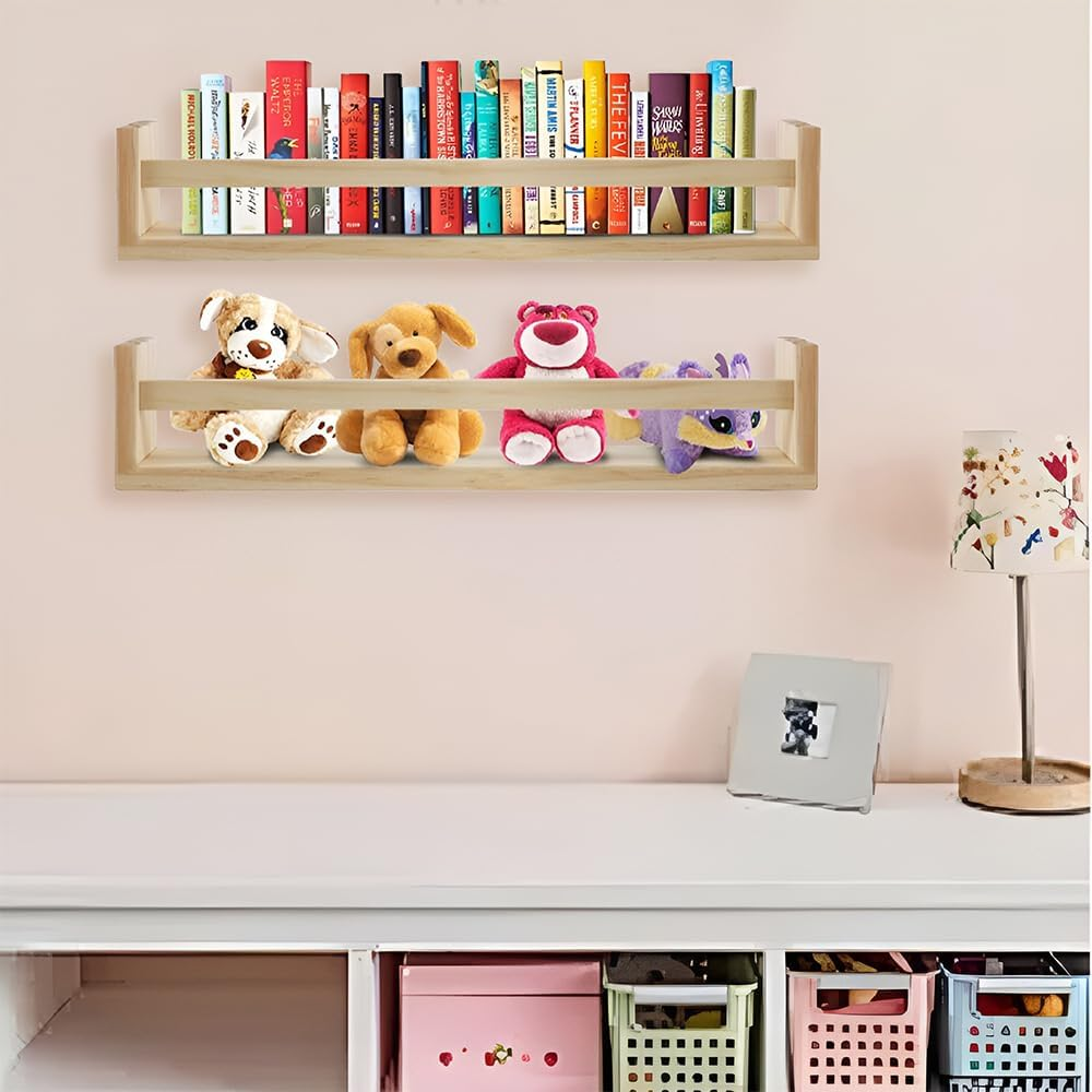 2 Pack Wood Nursery Bookshelves for Wall, 42 Cm Long Floating Book Shelves, Wall Mounted Bookcase for Bedroom, Playroom Organizer, Bathroom Decor, 42X10X10 Cm image number 3