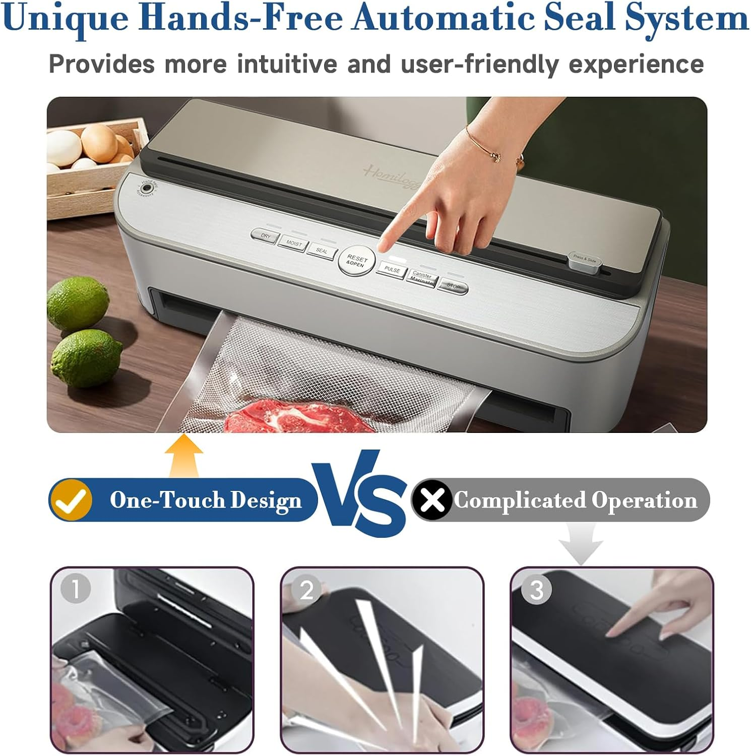 Vacuum Sealer Machine, 85Kpa 120W Automatic Food Vacuum Sealer, Powerful Sealing System, Build-In Cutter, Bags Storage, Moist Mode and Air Suction Hose