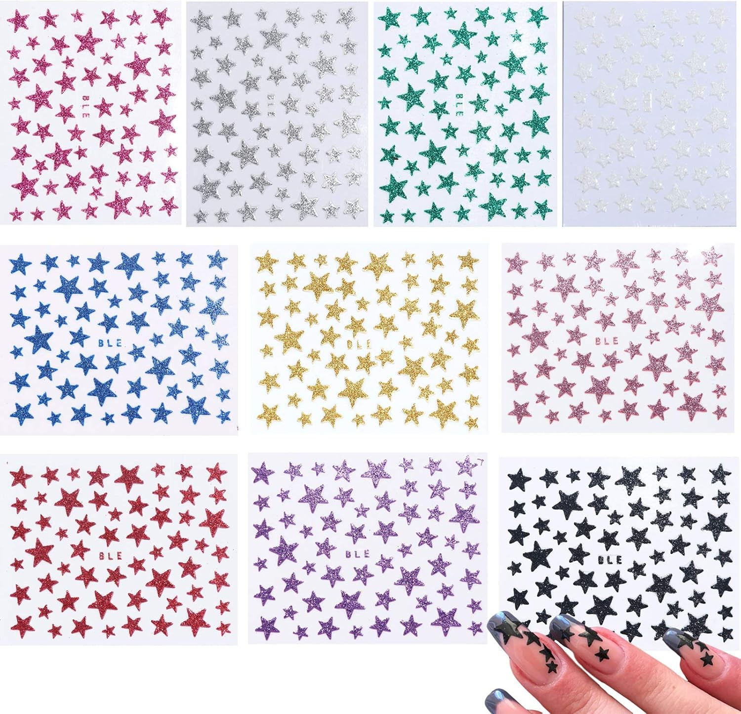 Kalolary 10Pcs Star Nail Art Sticker Decals, 3D Self-Adhesive Glitter Star Nail Sticker Nail Slider Stars Stickers Glitter Shiny Nail Sticker DIY Colorful Nail Art Tips Manicure Decoration image number 4