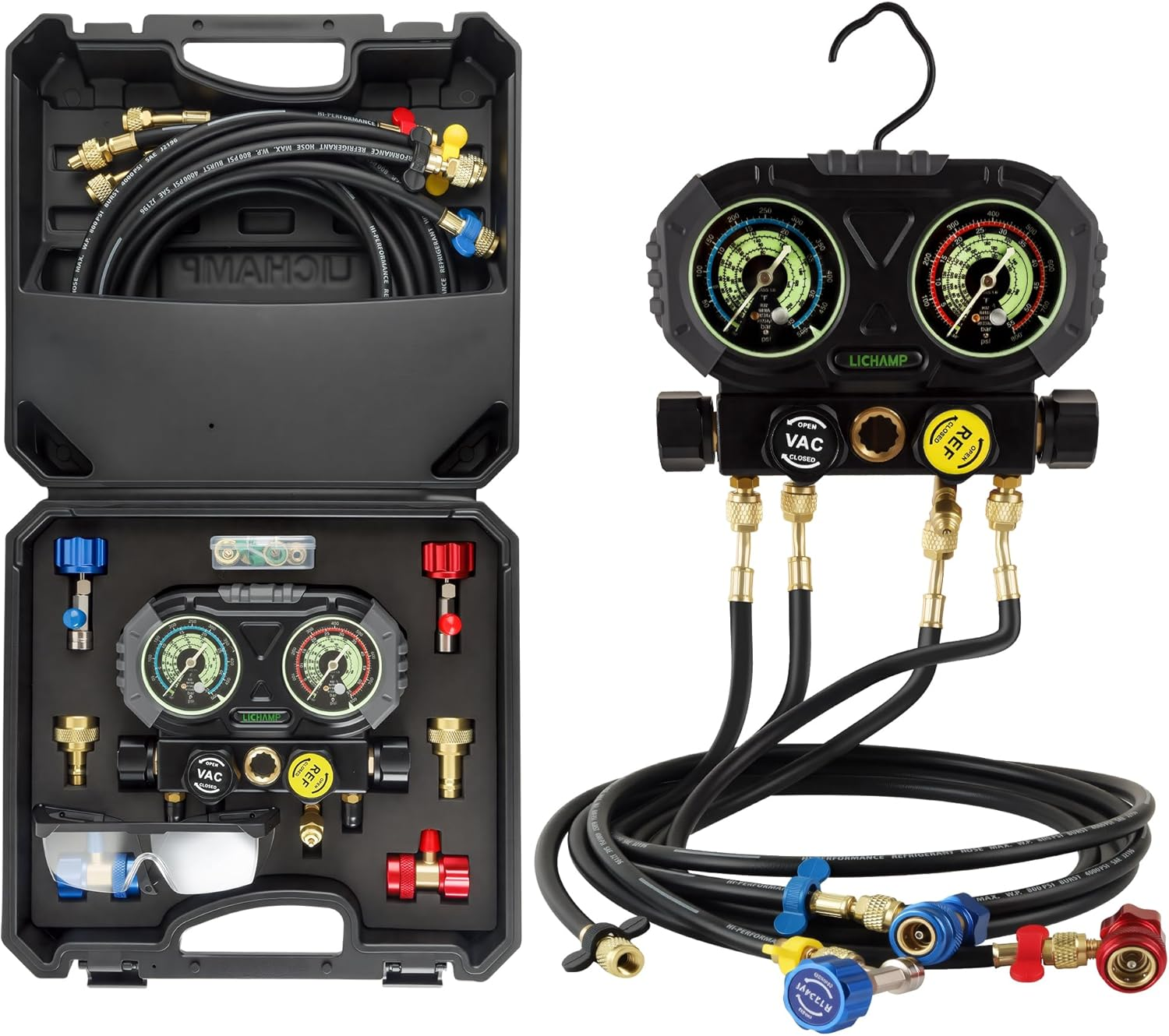 Lichamp HVAC Gauges with 5 FT Hoses, AC Manifold Gauge Set R134A R1234 R410A and R32 Refrigerant Gauges image number 4