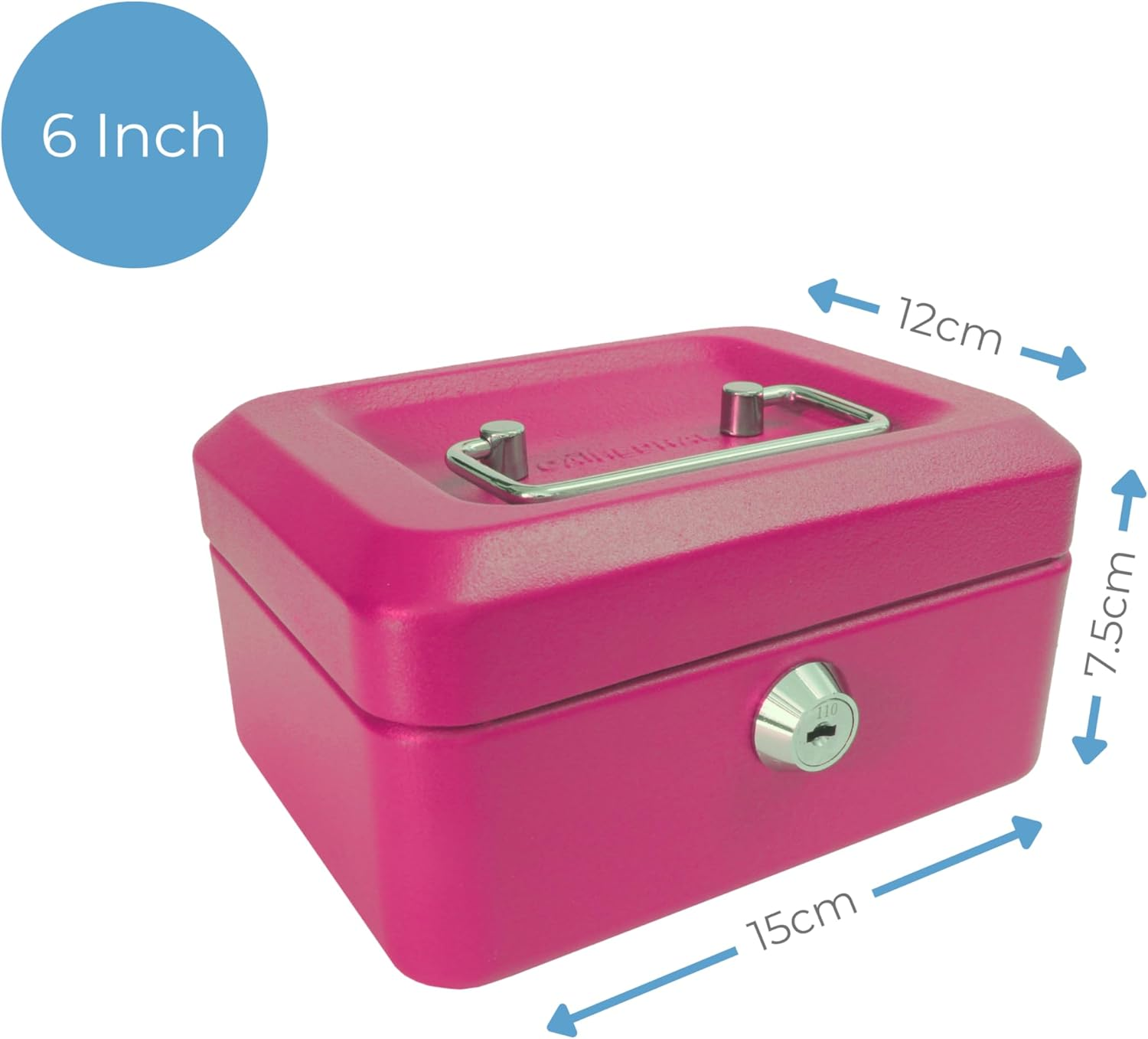 Cathedral Products Key Lockable Cash Box with Lift Out 6 Compartment Coin Tray - 6 Inch - Pink image number 5
