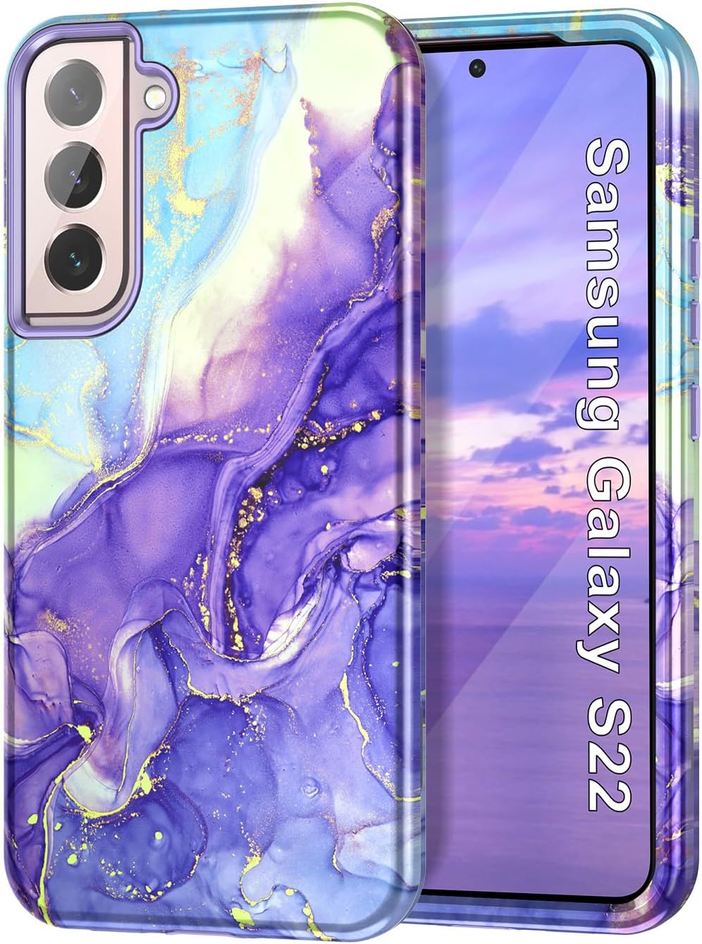 Btscase for Samsung Galaxy S22 5G Case,Marble Pattern 3 in 1 Heavy Duty Shockproof Full Body Rugged Hard Pc+Soft Silicone Drop Protective Women Girl Cover for Samsung Galaxy S22 6.1 Inch,Sky Blue