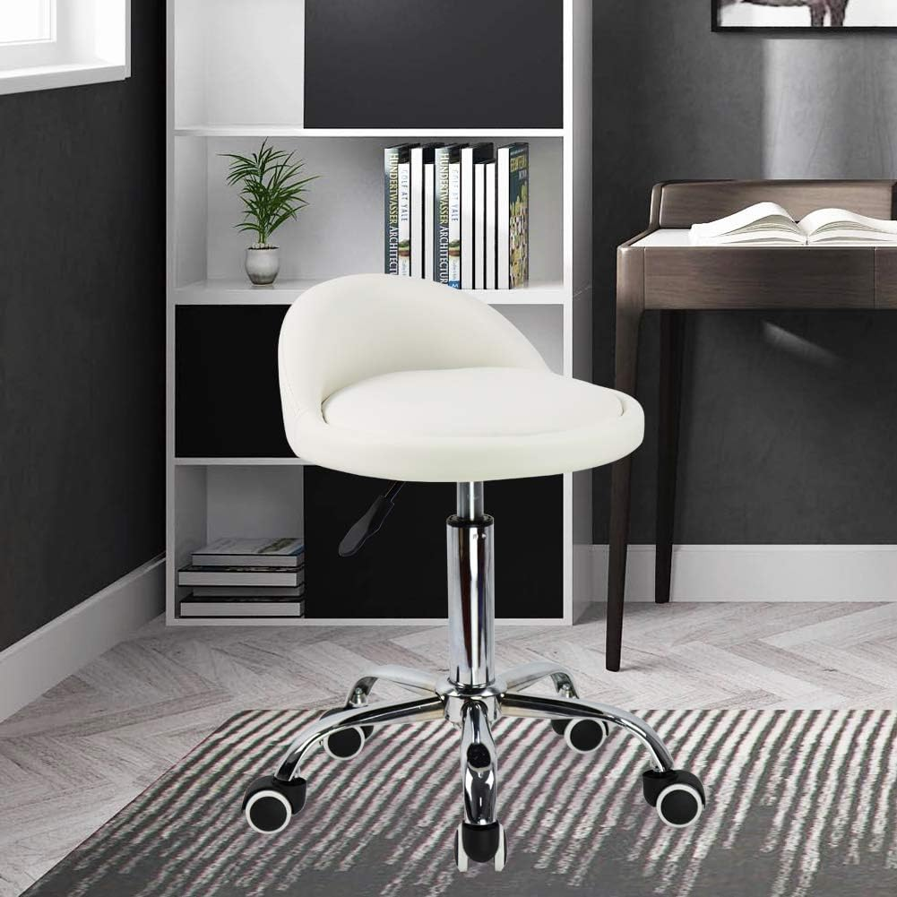 KKTONER PU Leather round Rolling Stool with Back Rest Height Adjustable Swivel Drafting Work SPA Task Chair with Wheels (White) image number 3