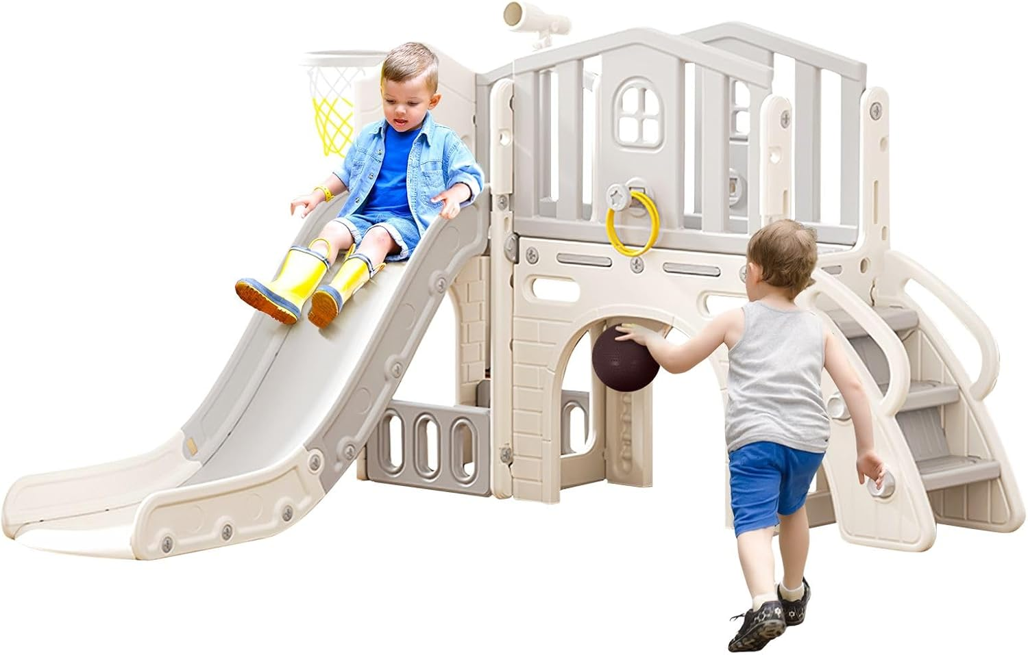 KIDBOT Kids Slide Set with Basketball Hoop Outdoor, 7 in 1 Kid Playground Telescope Steps Activity Centre Tunnel Ring Toss Indoor Outdoor Playset Toy