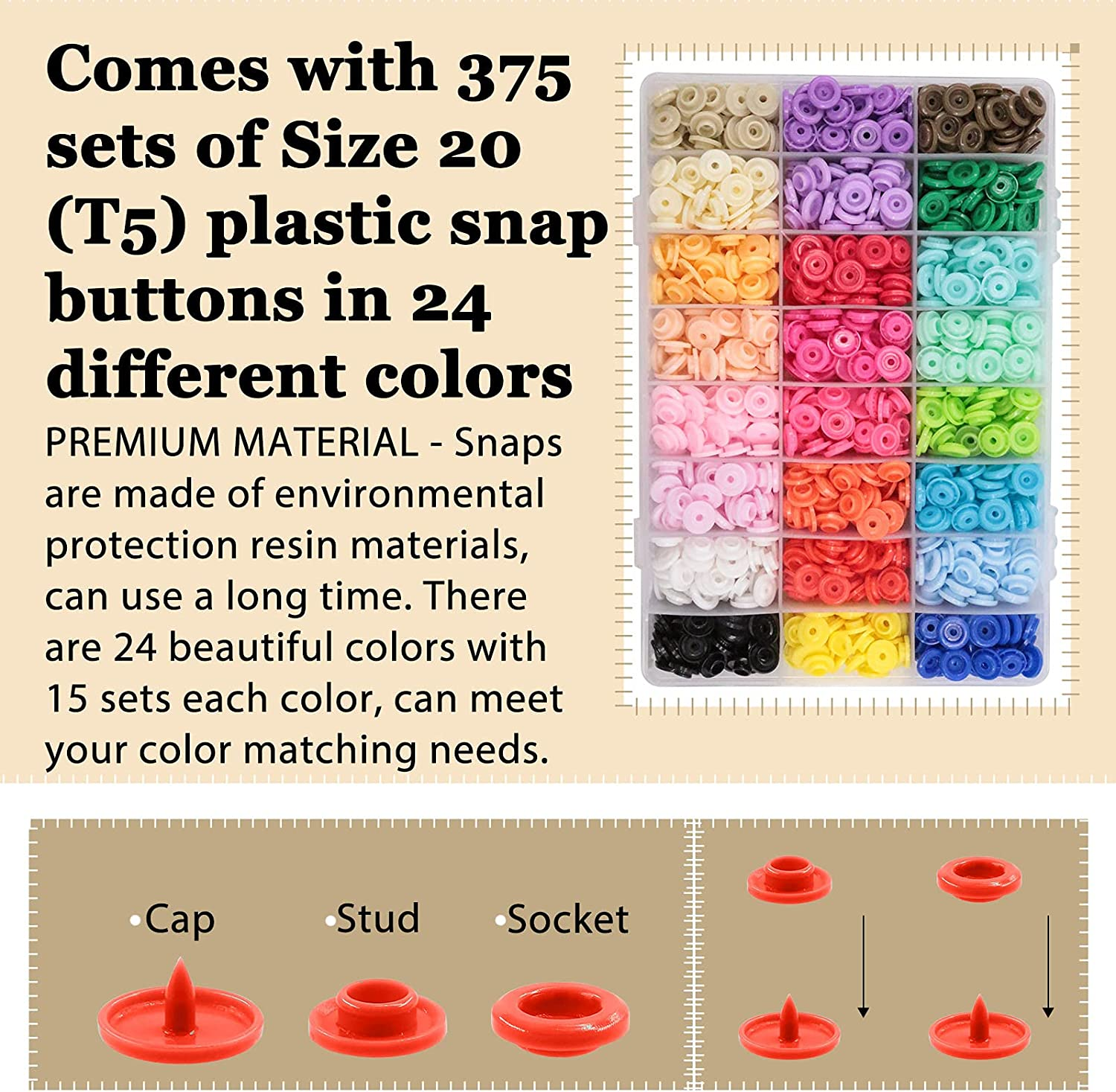 Mardatt 405 Pcs Snaps Plastic Buttons with Snaps Pliers Set 24 Color Plastic No-Sew Buttons Snaps Fasteners Setter Hand Tools with Sewing Clips for Clothes Sewing, DIY Projects in Storage Box image number 1