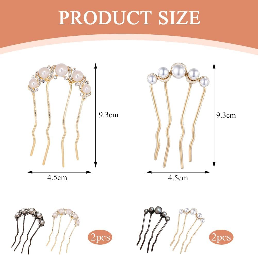 TRKETK Pack of 4 Beads Hair Pins in U Shape Women'S Pearl French Hair Clip Metal Hair Pin Vintage Hair Fork Clips for Women Weddings and Parties Thick Hair Bun Twist Hair Fork