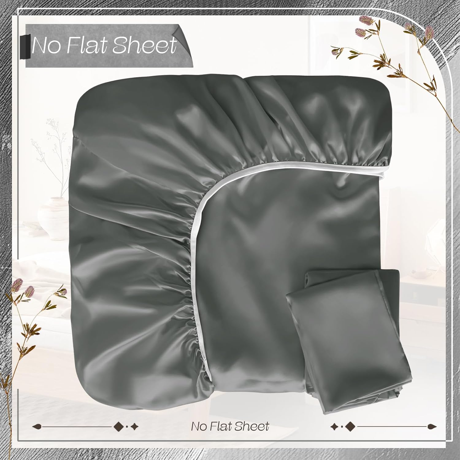 VACVELT 3-Piece Satin Fitted Sheet Set King Size, Grey Bottom Bed Sheet with 2 Pillowcases, Similar to Silk Sheets, Luxury & Silky Bedding Set, 15 Inch Deep Pocket image number 4