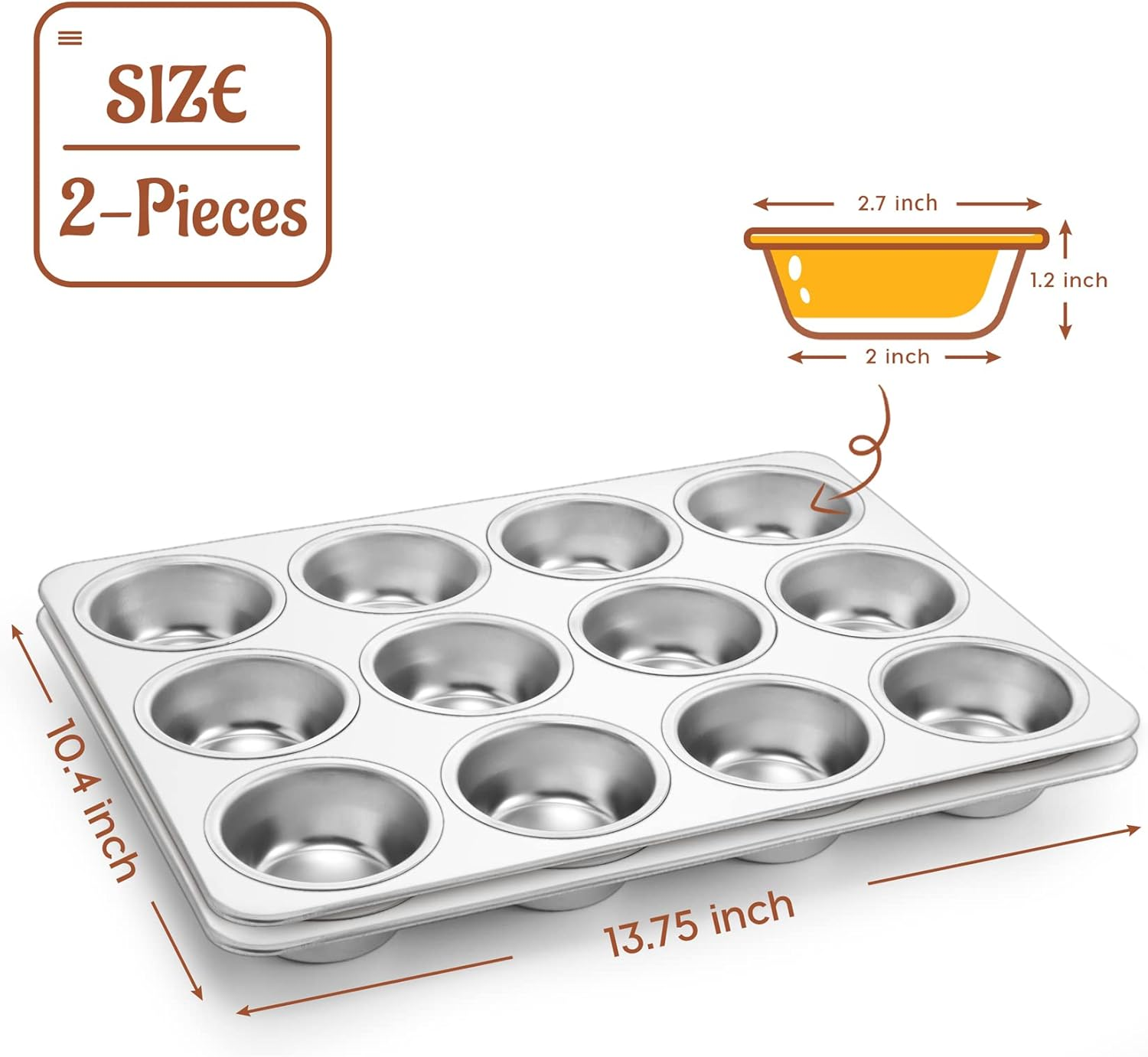 P&P Chef Muffin Pan Cupcake Baking Pan Set of 2, 12 Cups Muffin Tin Tray, Stainless Steel Muffin Pans for Baking Mini Cake Muffin Tart Quiche, Oven & Dishwasher Safe, Non-Toxic & Heavy-Duty image number 6