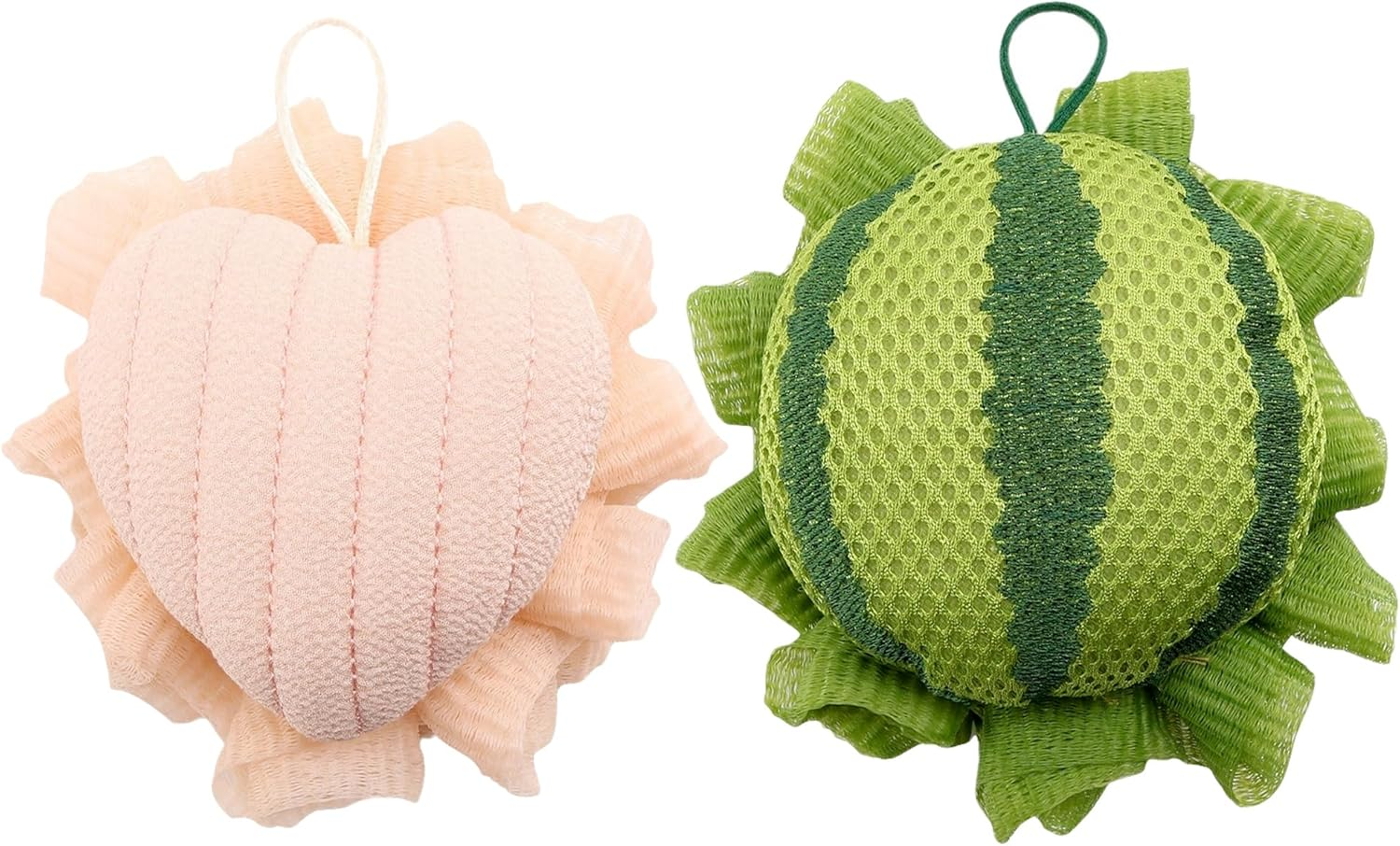 Reignsword 2 Pack Cute Bath Loofah, Cartoon Watermelon & Love Heart Shape - Mesh Shower Sponge Body Scrubber, Exfoliating Bath Accessories for Women image number 5
