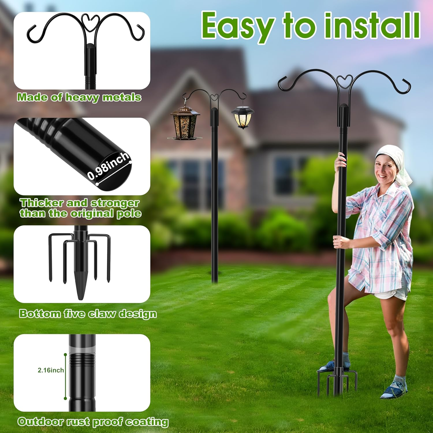 Double Shepherds Hooks for Outdoor, 2-Pack Heavy Duty Garden Pole for Hanging Bird Feeder, Plant Baskets, Solar Light Lanterns, Garden Plant Hanger Stands with 5 Base Prongs (76 Inch, Style E) image number 4