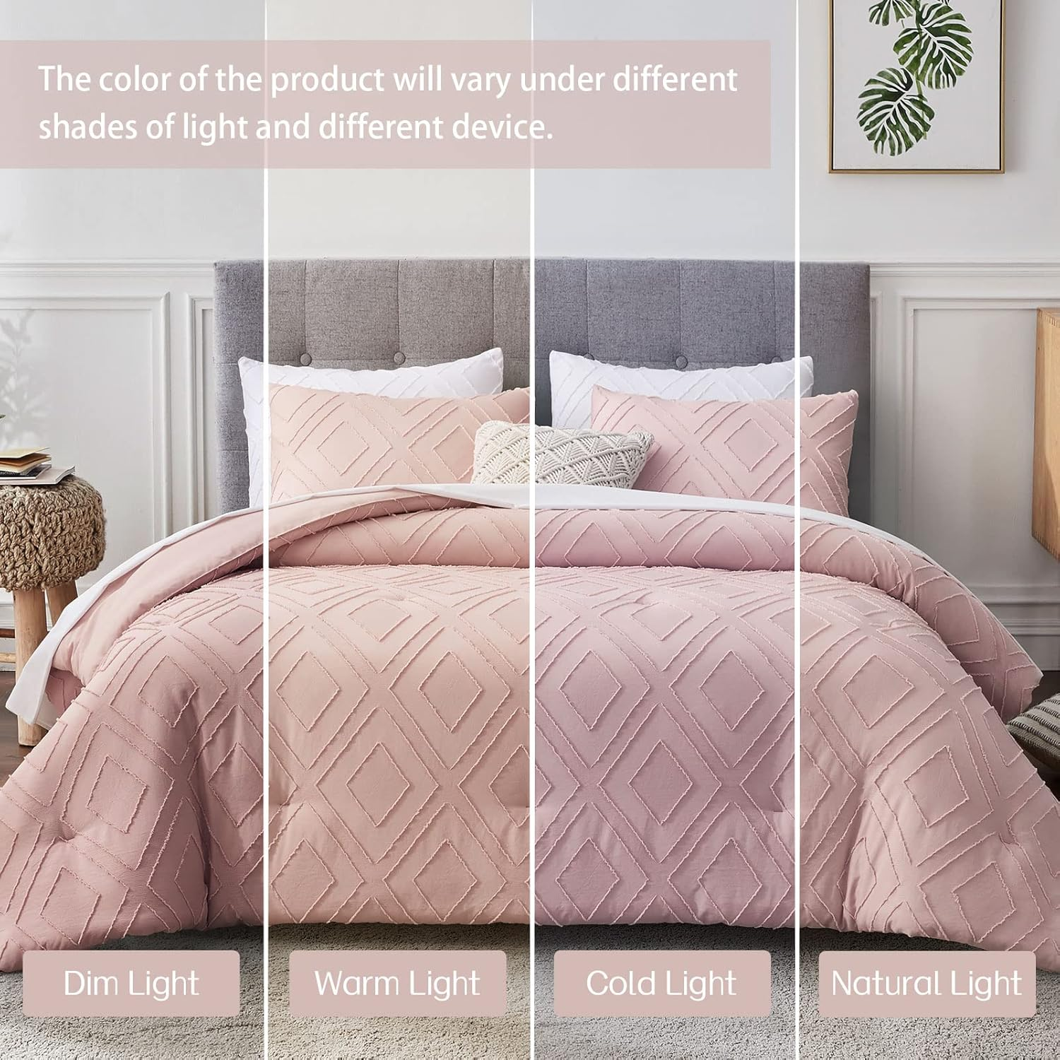 Boho Queen Comforter Set,Blush Pink Rhombus Tufted Queen Size Comforter Set with Corner Loops,3 Pieces Embroidery Shabby Chic Bedding Comforter Sets for All Seasons(Blush Pink,Queen) image number 1