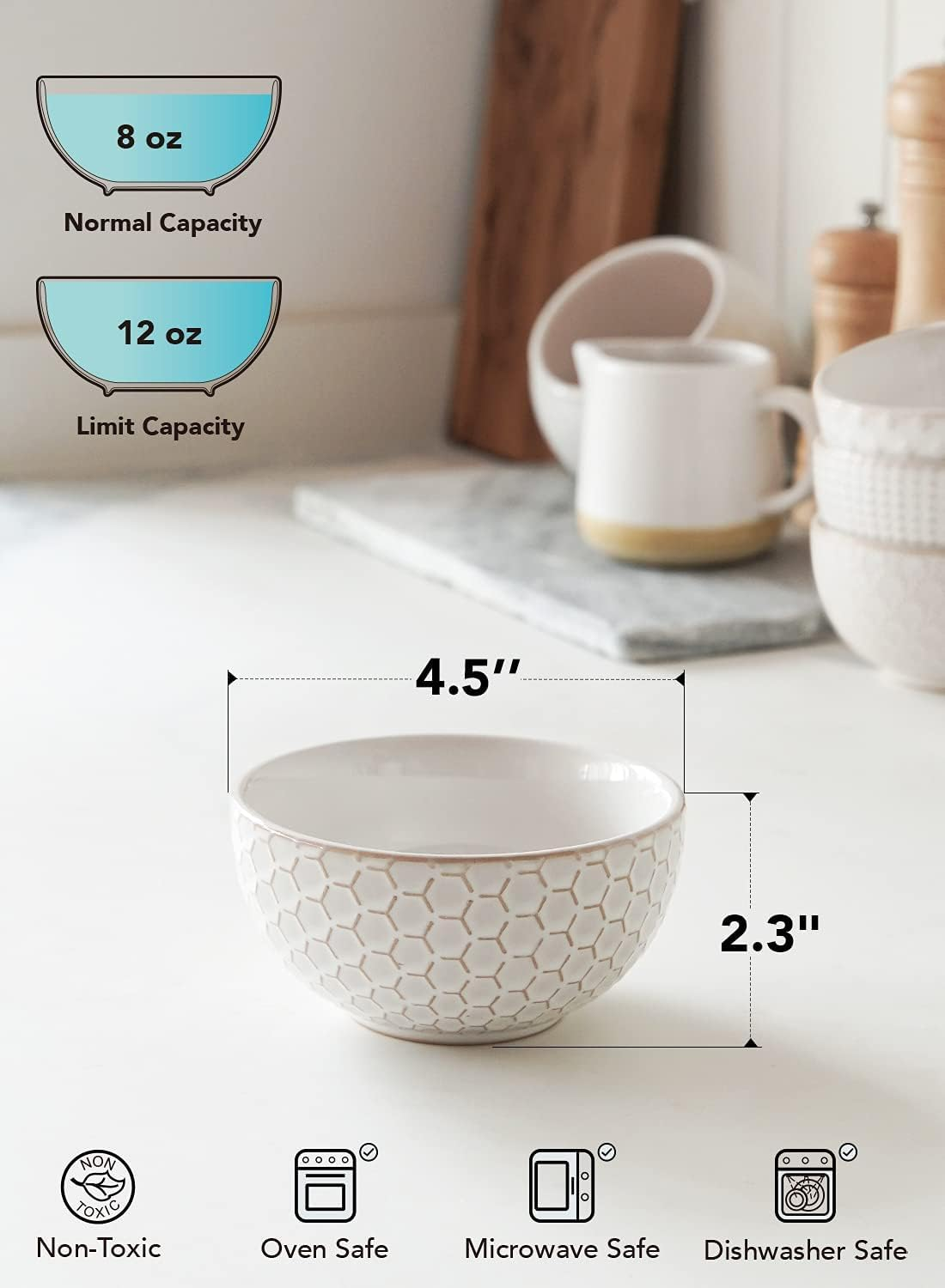 LE TAUCI Small Bowls 12 OZ, Ice Cream Bowl, Ceramic Embossment Stoneware Bowl, Bowls Set for Dessert, Fruits, Side Dishes, Suit for Housewarming - 4.5 Inch, Set of 4, Arctic White image number 1