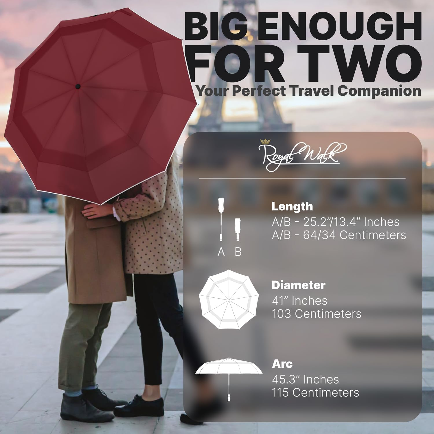 Royal Walk Windproof Folding Travel Umbrella Compact and Strong Luxurious Real Wood Handle Automatic Open Close Vented Double Canopy for Men and Women - Dark Red image number 6
