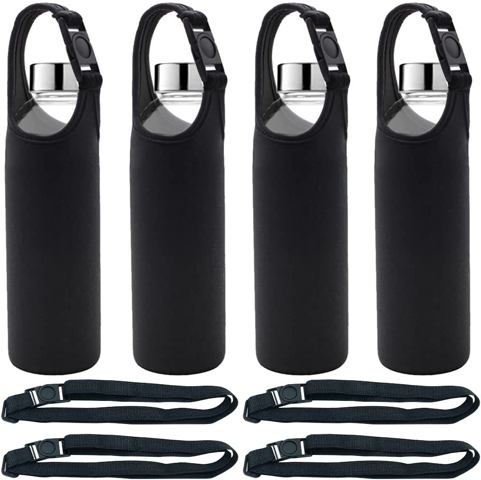 4 Pack Water Bottle Carrier,Danzix Neoprene Sleeve Water Bottles Cup Carrier with 4 Shoulder Strap,Fit for All 16Oz-20Oz Sport Water Bottle-Black