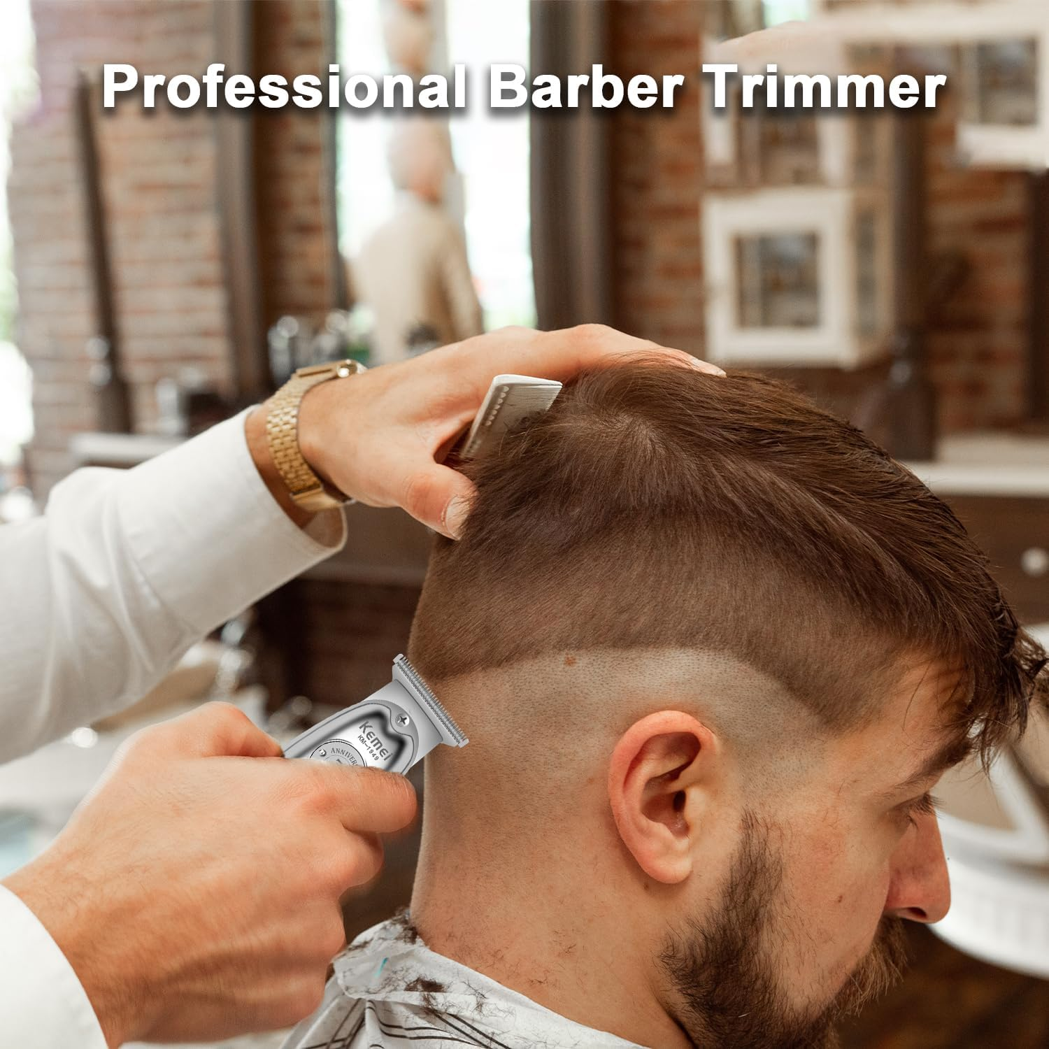 KEMEI Professional Hair Trimmer for Men Zero Gap Trimmer Electric Wireless Beard/Hair Trimmer Rechargeable Hair Cutting Machine for Stylists and Hairdressers Grooming Kit, Km-1949-Silver image number 4