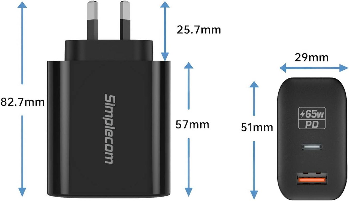 Simplecom CU265 Dual Port PD 65W Gan Fast Wall Charger USB-C + USB-A for Phone Laptop image number 4