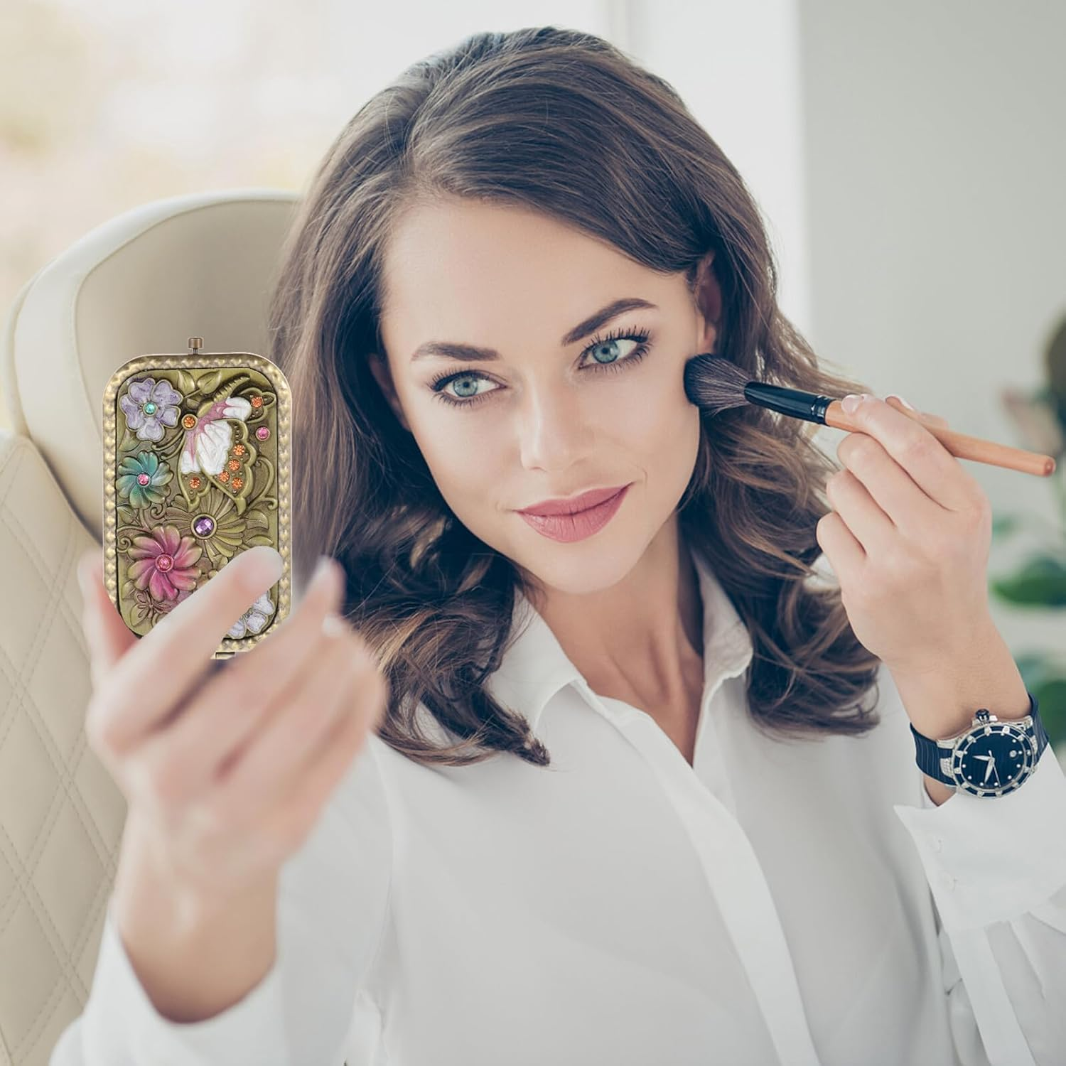 MUSISALY Vintage Double-Sided Foldable Makeup Mirror Metal Compact Cosmetic Mirror for Women Portable Vanity Suitable for Travel and Wedding image number 3