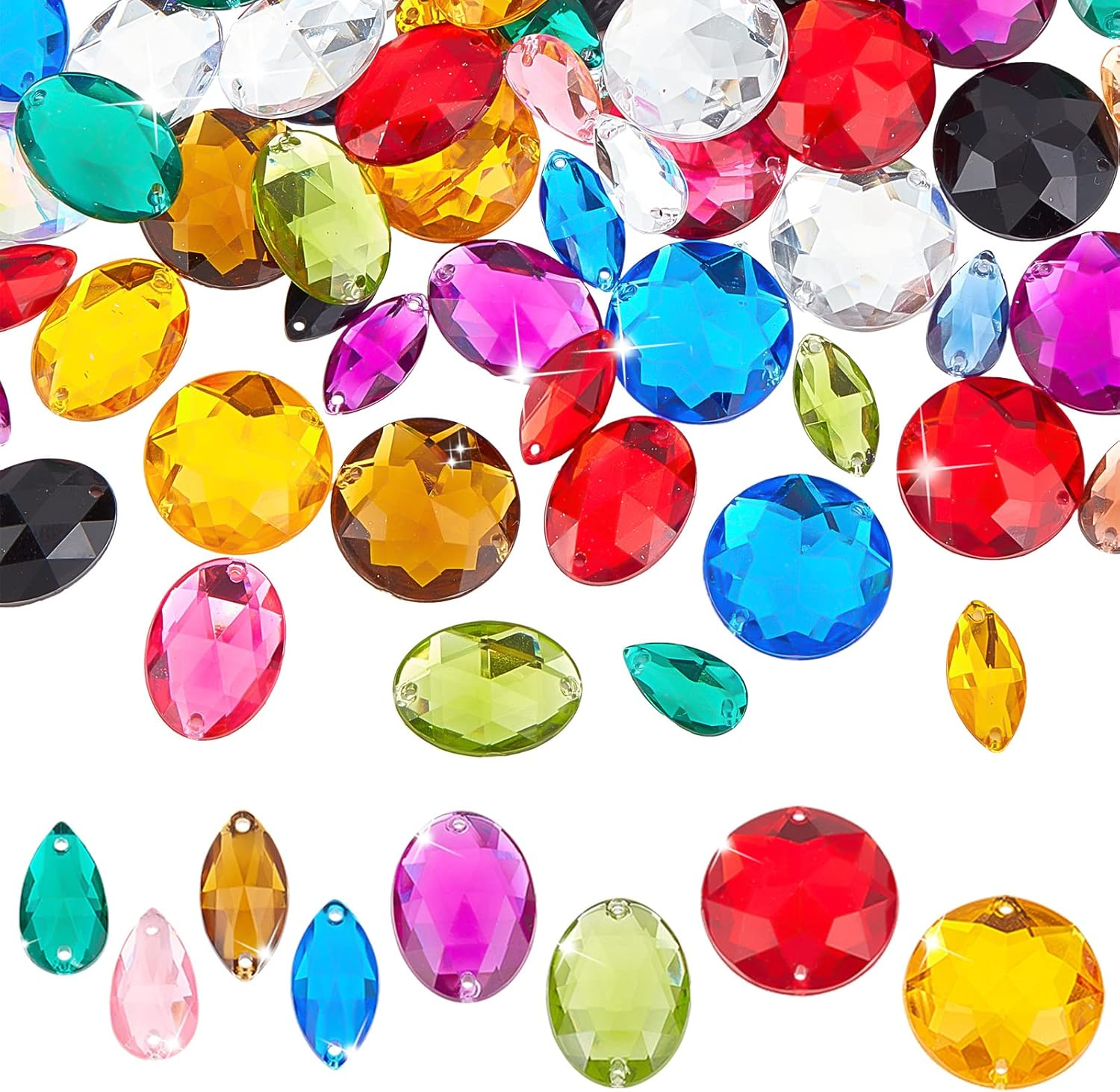 Pandahall Elite - 80 Pieces 10 Colours Rhinestone Acrylic Left Acrylic Rhinestone 2 Holes Rhinestone Sewing for Jewellery, Flat Back and Facets, 4 Shapes