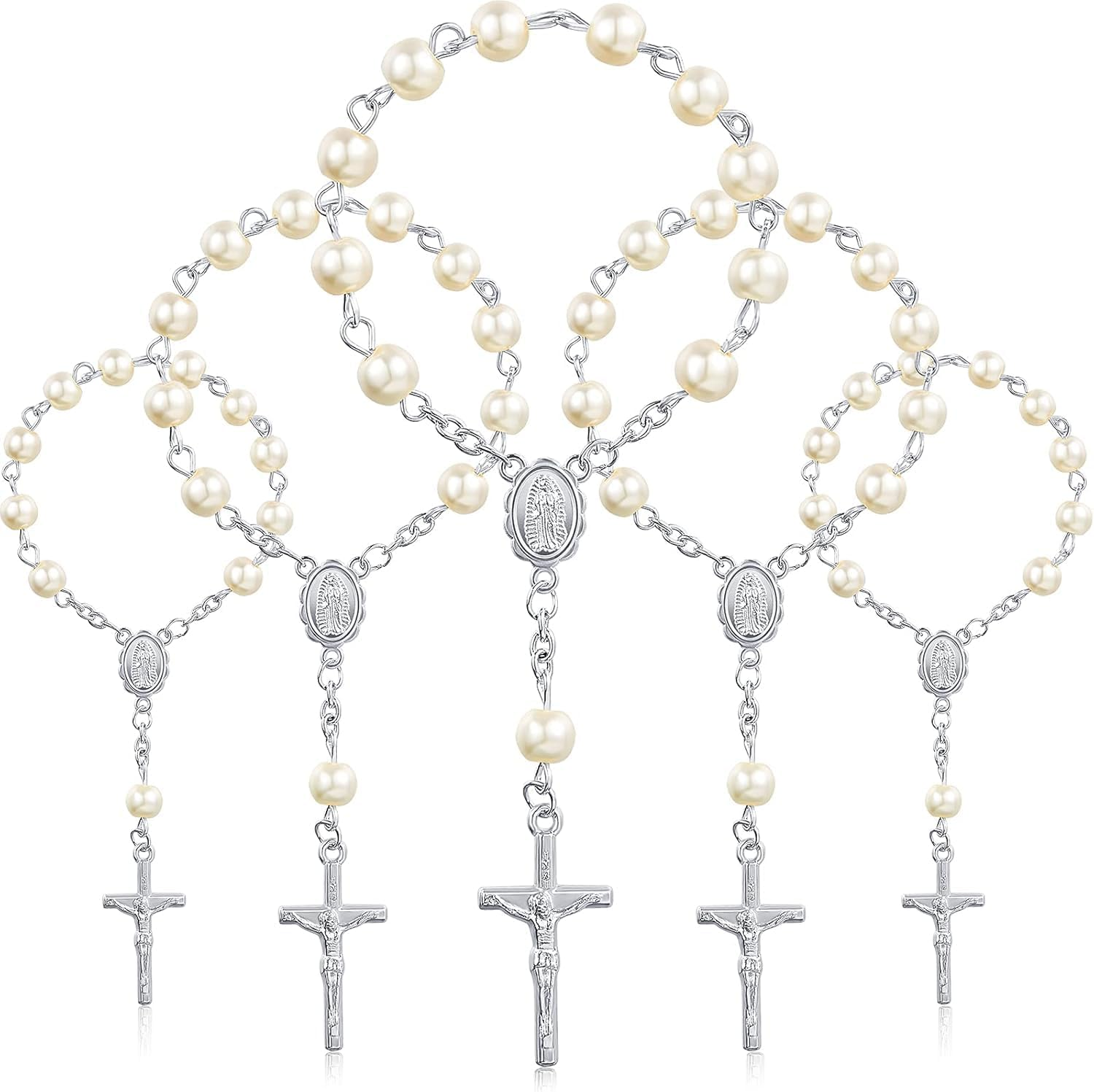 30 Pieces Baptism Rosary Acrylic Rosary Beads Finger Baptism Rosaries Faux Pearls for Baptism Favors Christening Favors Communion Favors Weddings Party Favors, Small, Acrylic Metal