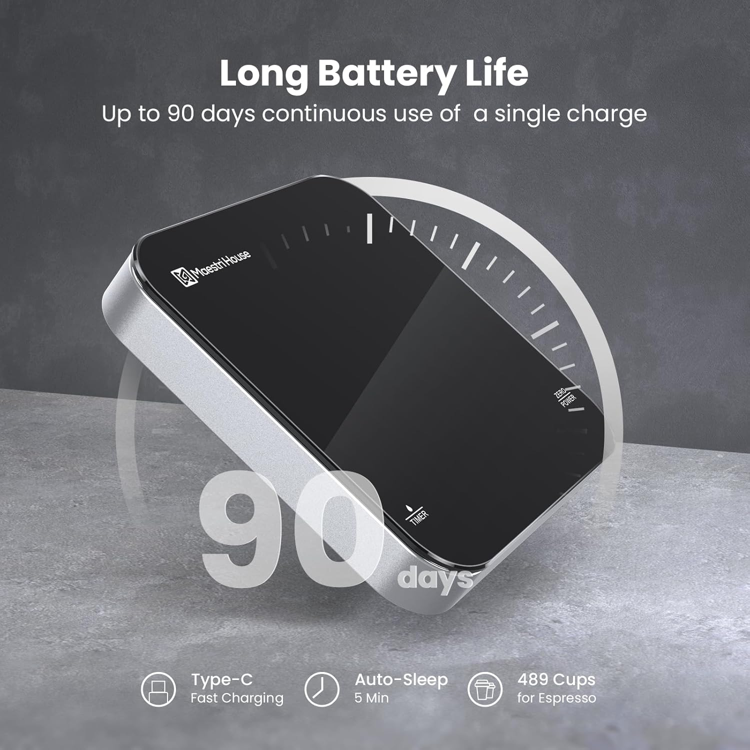 Rechargeable Mini Coffee Scale with Timer, Maestri House Espresso Scale, 2Kg/0.1G Accurate Scale for Espresso and Pour-Over Coffee, Portable Digital Kitchen Scale with Automatic Timing（Black&Sliver）