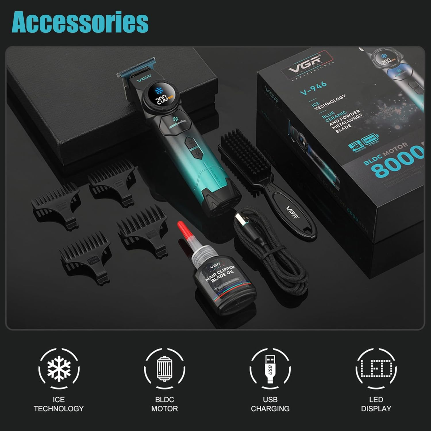 VGR 946 Professional Hair Trimmer for Men, 8000RPM High-Speed Cordless T-Blade Trimmer with Blue Ceramic & Powder Metallurgy Blade, Rechargeable Detail Clipper with 4 Guide Combs & USB Charging