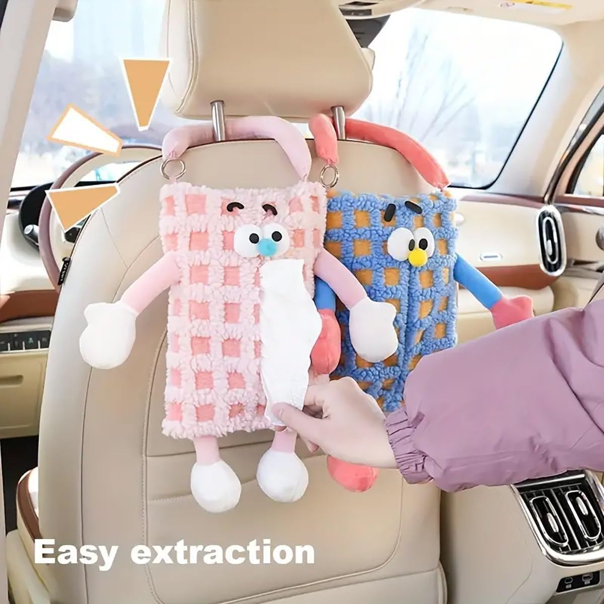AIMALL Cute Monster Stripe Plaid Car Tissue Holder, Plush Backseat Hanging Dispenser, Car Accessories Storage Solution - Blue image number 2