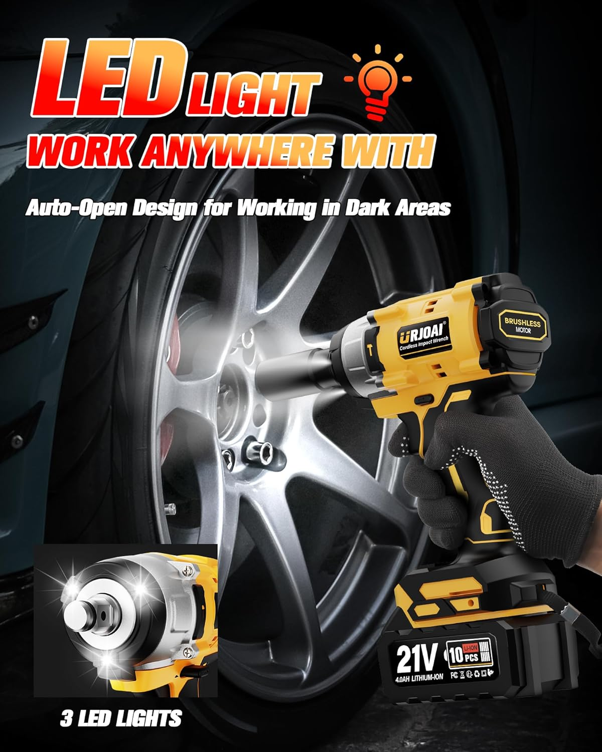 Cordless Impact Wrench - 800Nm Brushless 1/2" Impact Gun, 3300RPM High Torque Impact Gun, 2 X 4.0Ah Batteries, Charger and 7 Sockets, Electric Impact Wrench For image number 6