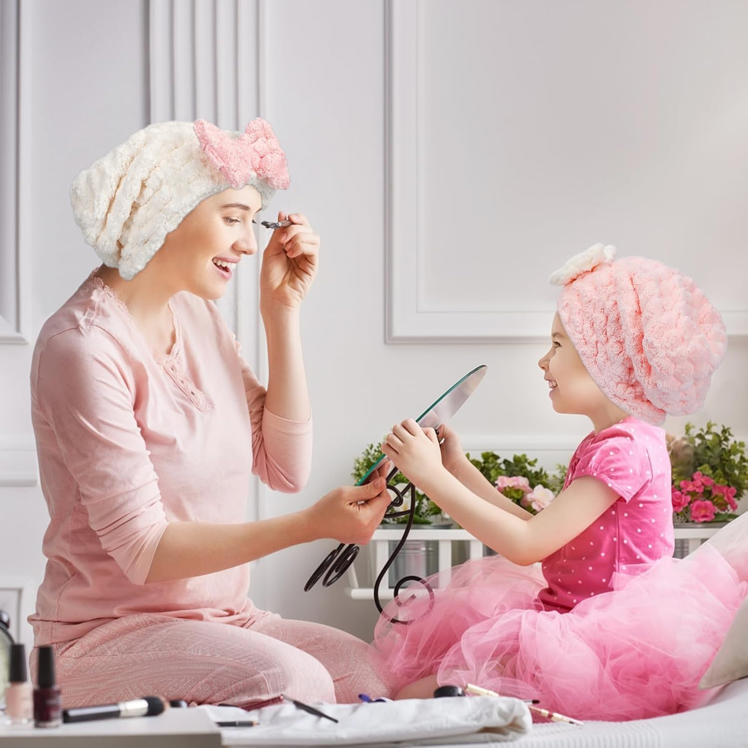 Zhangjunfle Microfibre Hair Drying Turban Towel Cap, 2 Pack Absorbent Hair Wrap with Bow-Knot,Elastic Microfiber Drying Hair Caps,Absorbent Hair Drying Cap Turban Towel image number 2