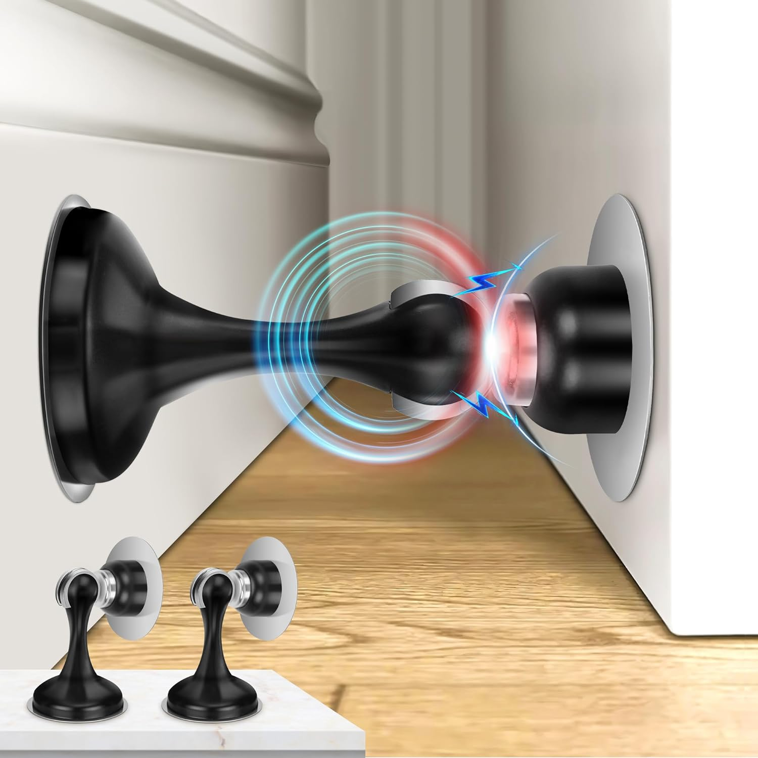 Crosize Magnetic Door Stoppers 1 Pack, Stainless Steel Door Stops for Wall and Floor Mounting, Door Holder Keep Door Open, No Drilling Door Stop with 3D Adhesive Tapes, Black