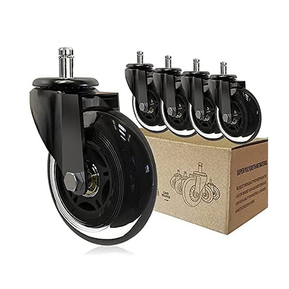 Office Chair Wheels (Set of 5) &ndash; 3" Heavy-Duty Replacement Casters for Hardwood & Carpet &ndash; Silent Rollerblade Wheels, 7/16" X 7/8" Stem, Black &ndash; Universal Fit for Ergonomic Chairs (Black)