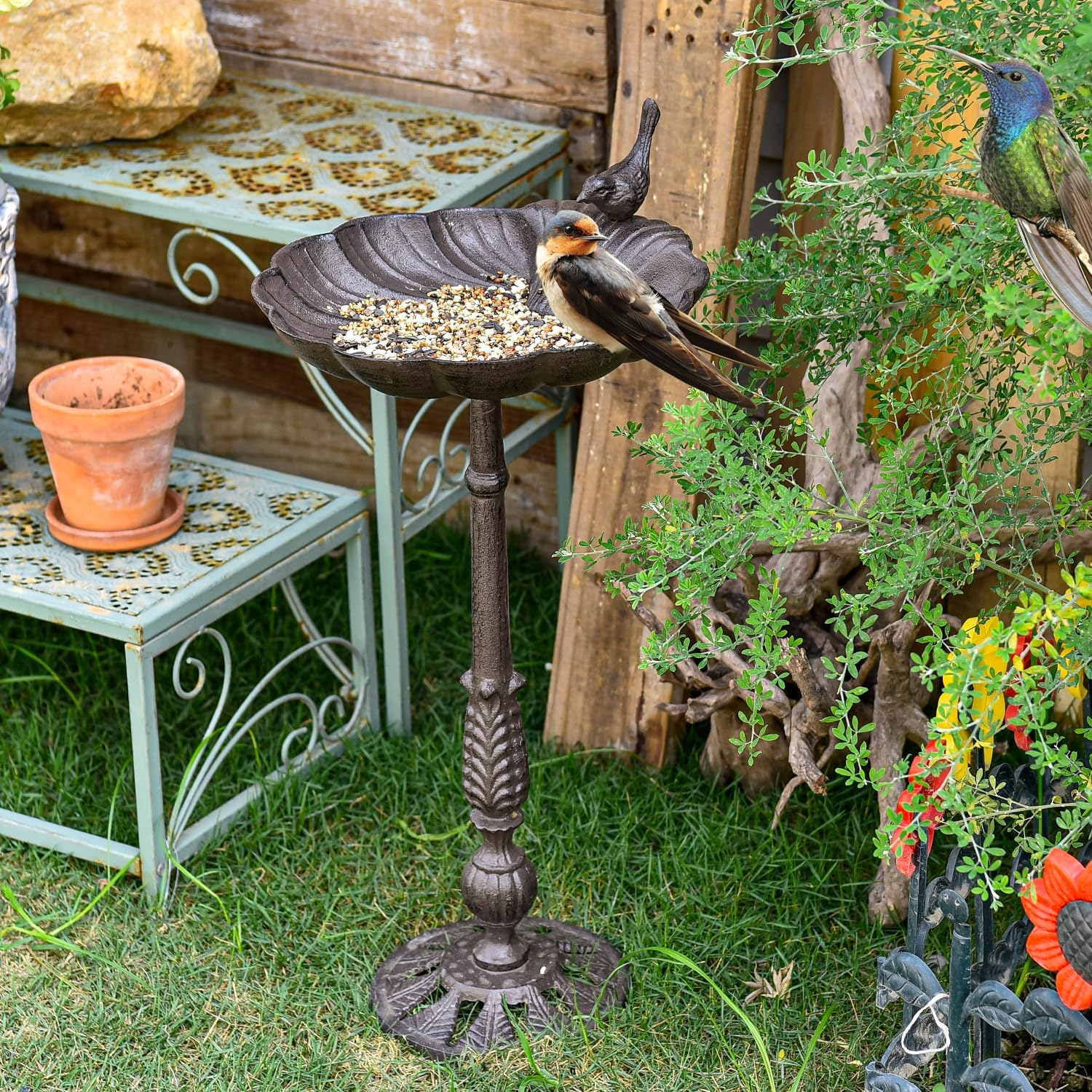 Sungmor Cast Iron Bird Bath for Outside, 21 Inch Height Garden Standing Feeder, Antique Style & Shell-Shape Bird Bath Bowl, Decorative Pedestal Birdbath, Outdoor Yard Deck Patio Ornament - Standing  Shell image number 2