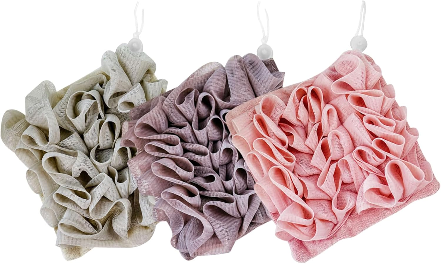 Reignsword 3 Pack 2-In-1 Washcloth Loofah Combo, Exfoliation Bath Loofah Sponge with Drawstring, Mesh Shower Ball for Body Wash and Cleanse Skin (Khaki+Brown+Pink) image number 4