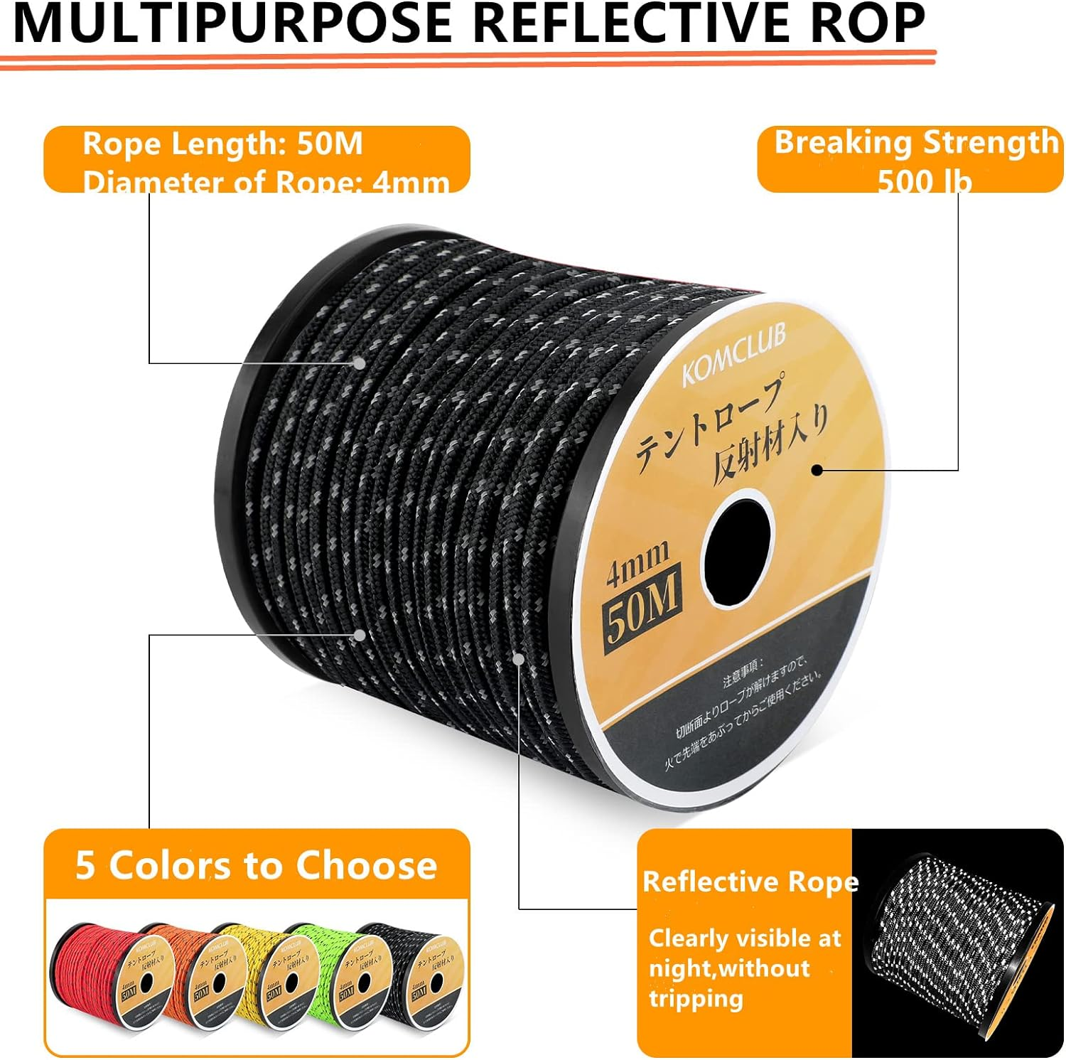 KOMCLUB Camping Rope Camping Reflective Rope,Adjuster Guy Lines Tent Cords,Lengths 50M,Diameter 4Mm,For Camping,Hikingand,Backpacking (Orange) image number 2