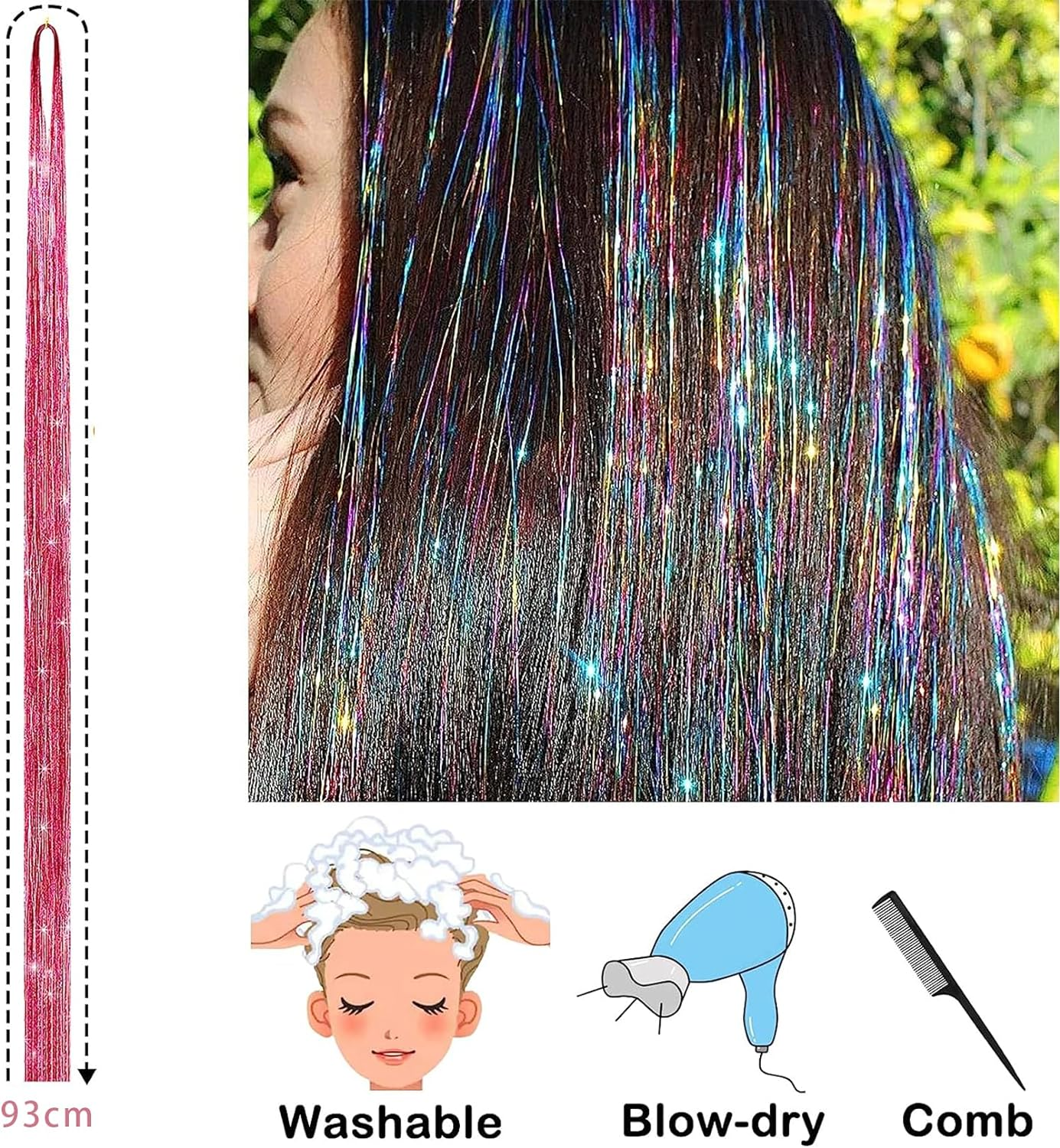 22 Colors Hair Tinsel Kit with Tools, 36 Inches 3700 Strands Tinsel Hair Extensions, Fairy Hair Tinsel for Christmas Halloween Cosplay Party, Grow the Most Dazzling Hair of the Crowd image number 5