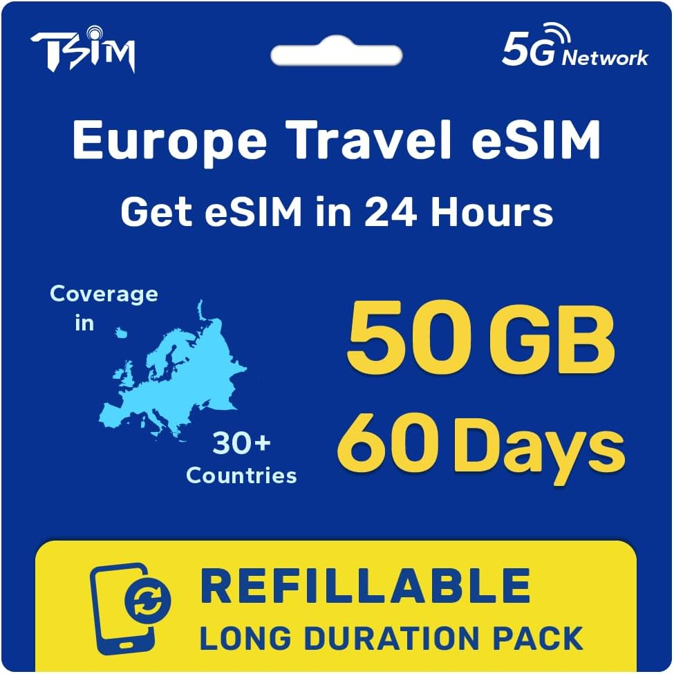 Esim for Europe Travel 60 Day 50GB Refillable Long Duration Pack for 36 Countries | Get Esim in 24 Hours | High Coverage Multi-Operator 5G Network | Auto-Activating | Hotspot Allowed image number 1