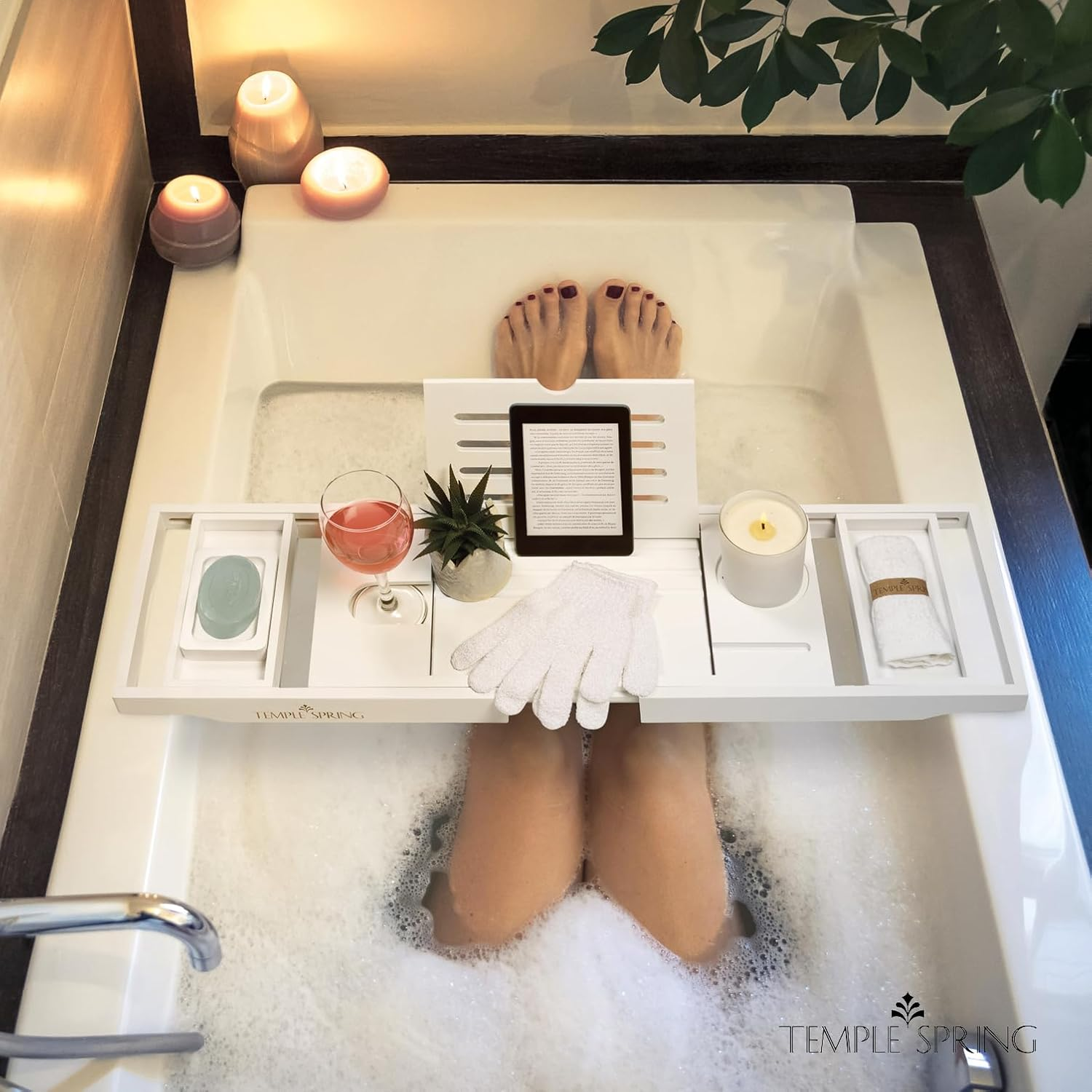 Temple Spring Wooden Bath Tray, Bath Shelf Bathroom Accessory, Home Spa Boards for Adults, Bathtub Caddy, Bamboo Bathroom Accessories Set, Extendable Bathtub Rack with Ipad & Phone Holder - White - Brown image number 5