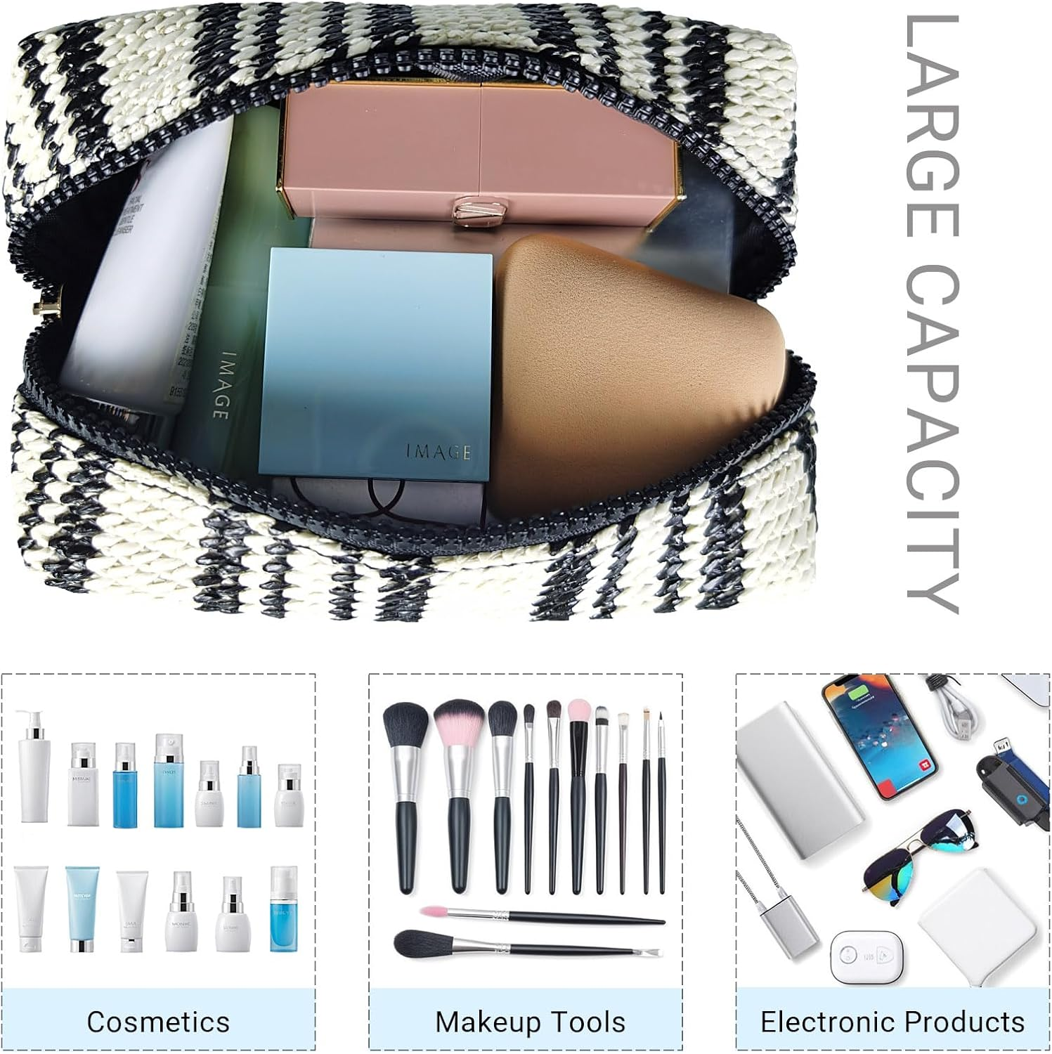 Small Woven Cosmetic Makeup Pouch Bag, Travel Toiletry Bag for Women (Vertical Stripe)