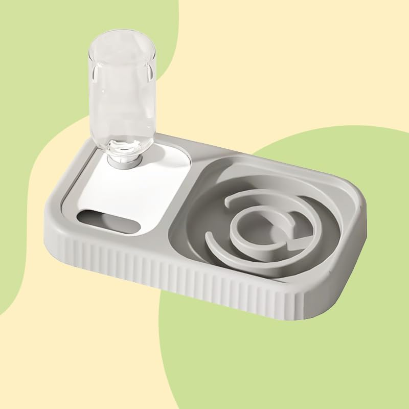 Slow Feeder Dog Bowl, Slow Feeder Dog Cat Bowl with Automatic Gravity Water Bottle Set, for All Size Dogs Cats, Slow Eating, Stop Gulping, Promotes Digestion and Reduces Vomiting. (Gery White) image number 6