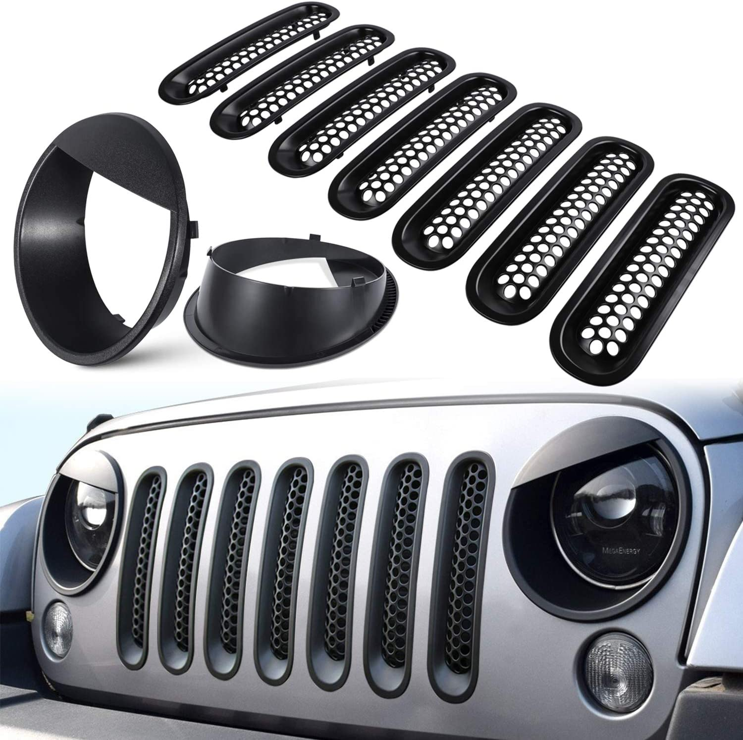 E-Cowlboy Front Grille Mesh Inserts & Headlight Cover for Jeep Wrangler JK JKU 2007~2017【Upgrade Matte Black Clip-On Version】