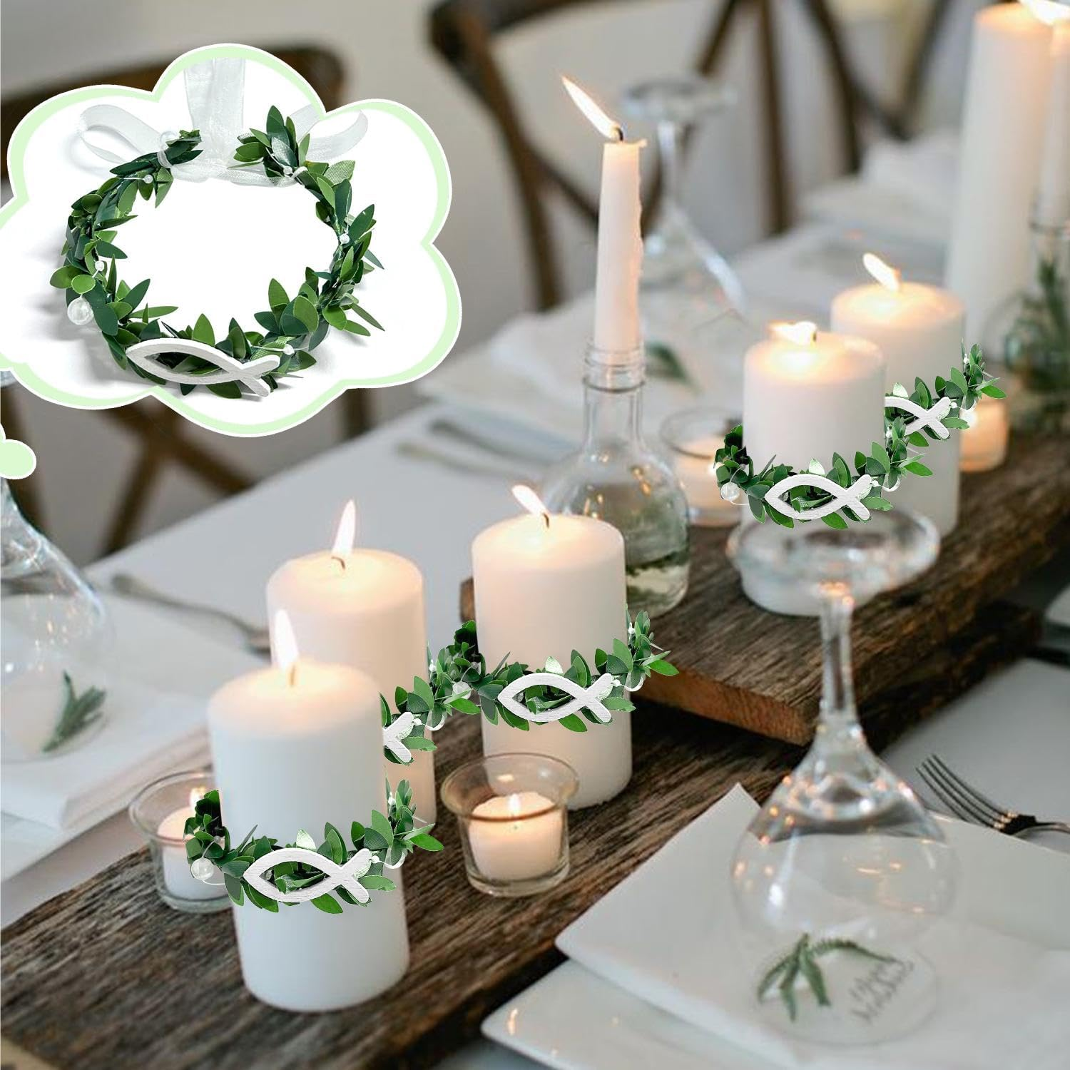 Candle Drop Protection 4 Cm - 9 Cm for Communion Candles and Christening Candles - Drip Catcher Candle Wreath with White Christening Fish Decoration, Wedding, Communion (Pack of 2) image number 1