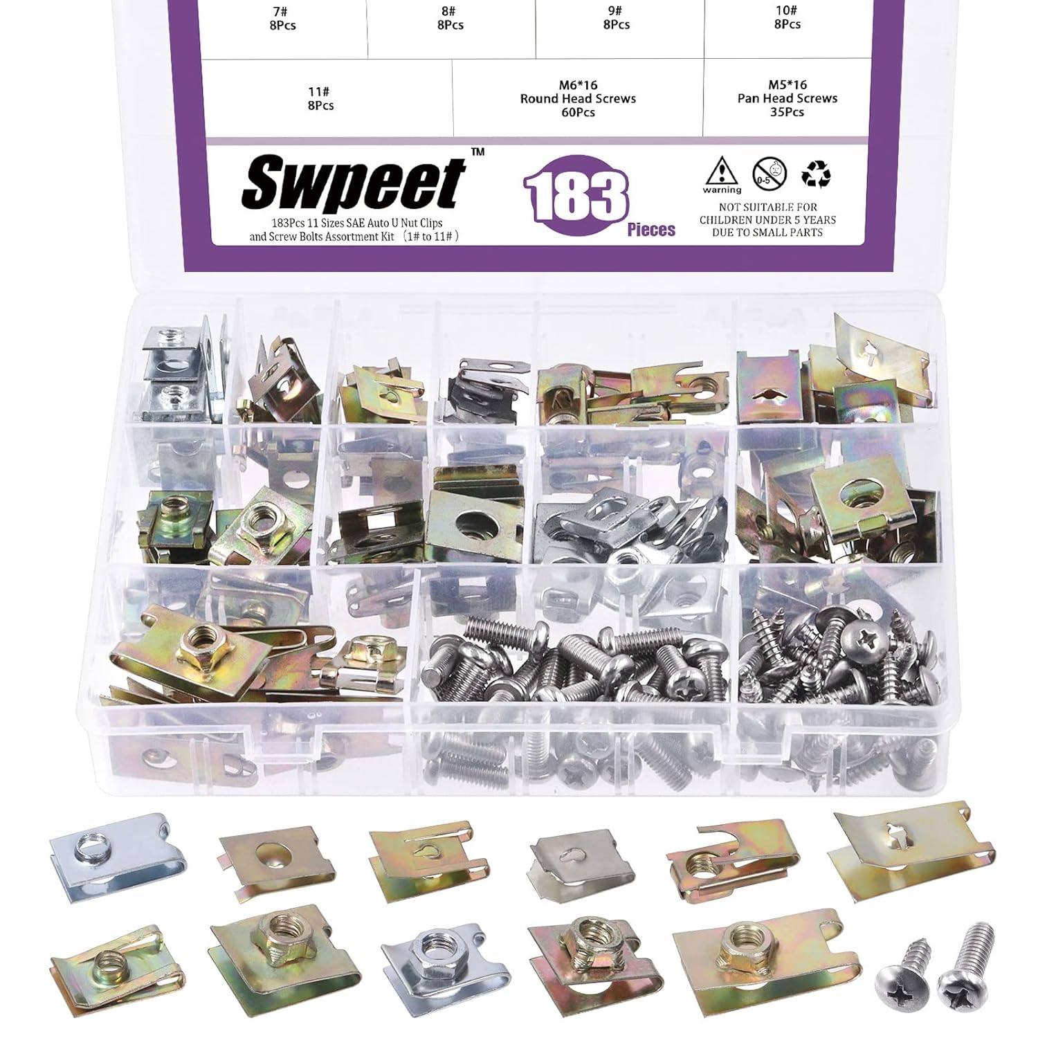 Swpeet 183Pcs Zinc Plated Auto Car U-Clip U Nut and Screw Assortment Kit, Car Clips Fasteners for Dash Door Panel Interior SAE image number 6