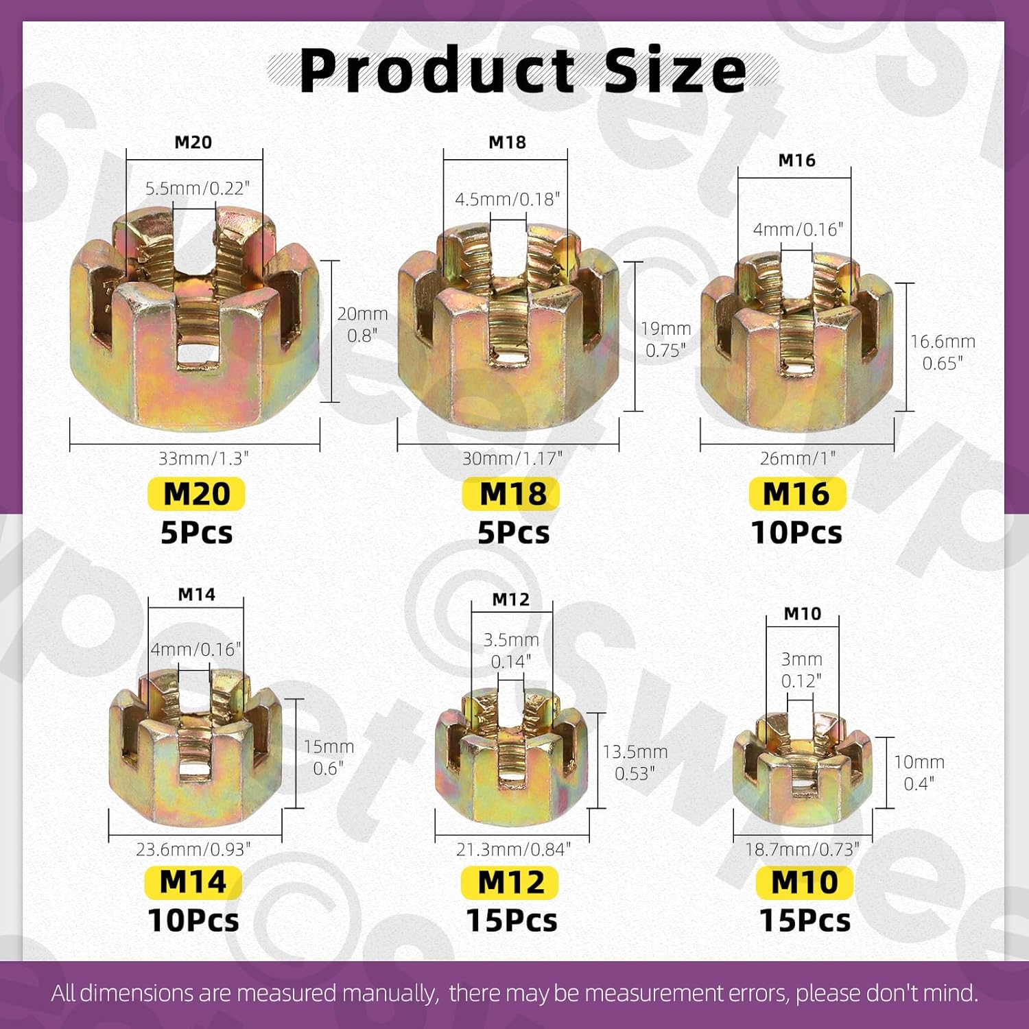 Swpeet 60Pcs 6 Sizes Color Zinc Grade 4.8 Carbon Steel M10 M12 M14 M16 M18 Hexagon Slotted Nuts Assortment Kit, Hex Castle Nuts Hex Nuts for Moto Car Furniture Fasteners Repair image number 3