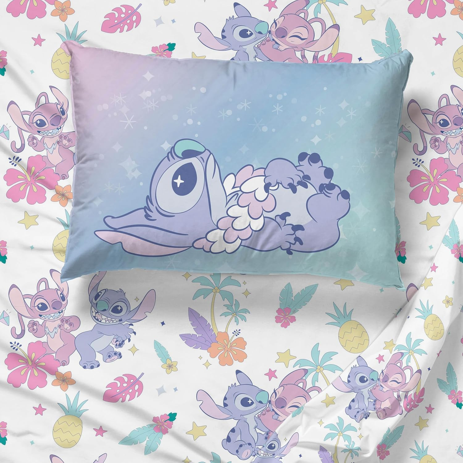 Jay Franco Disney Lilo and Stitch Twin Size Sheet Set - Super Soft Kids 3 Piece Floral Bedding Set Features Angel - Microfiber Sheets Includes Reversible Pillow Cover image number 3