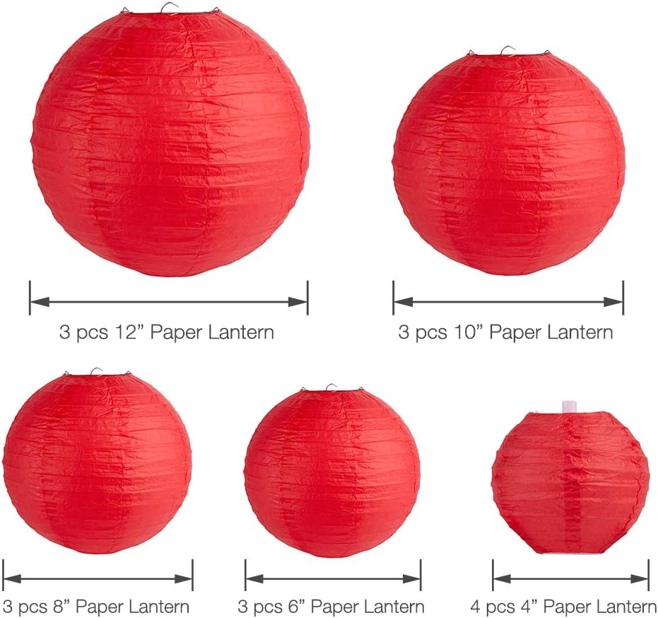 16 Packs Paper round Lanterns Party Hanging Lanterns with Assorted Sizes for Wedding Party Anniversary Decorations (Red) image number 3