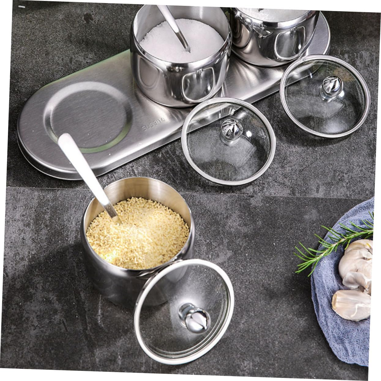 KICHOUSE Stainless Steel Seasoning Jars Set of 3 with Base, Salt Storage Containers, Spice Canisters for Kitchen Dining, 304 Stainless Steel Condiment Pots for Home Cooking and Table Use image number 3