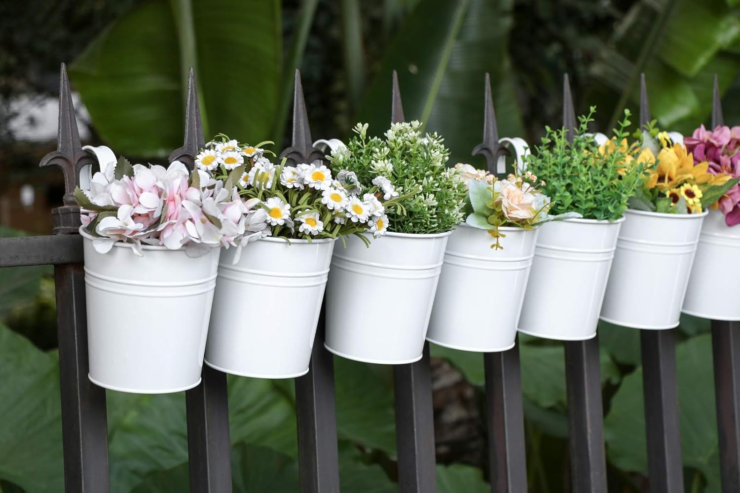 Dahey 10 Pcs Hanging Flower Pots Metal Iron Bucket Planter for Railing Fence Balcony Garden Home Decoration Flower Holders with Detachable Hooks, White, 5 Inches image number 5