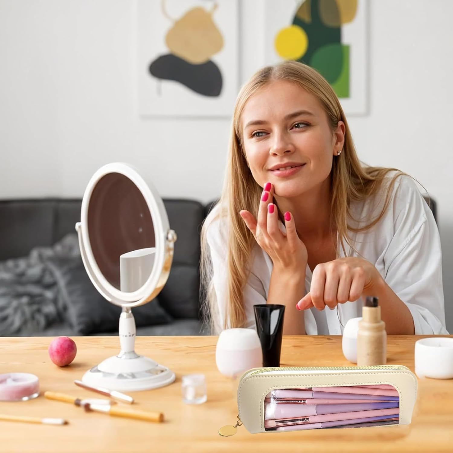 Small Clear Makeup Bag, PU Leather Travel Makeup Brush Case Portable Transparent Waterproof Cosmetic Organizer Pouch with Zipper for Women Home Travel Office Makeup Storage image number 1